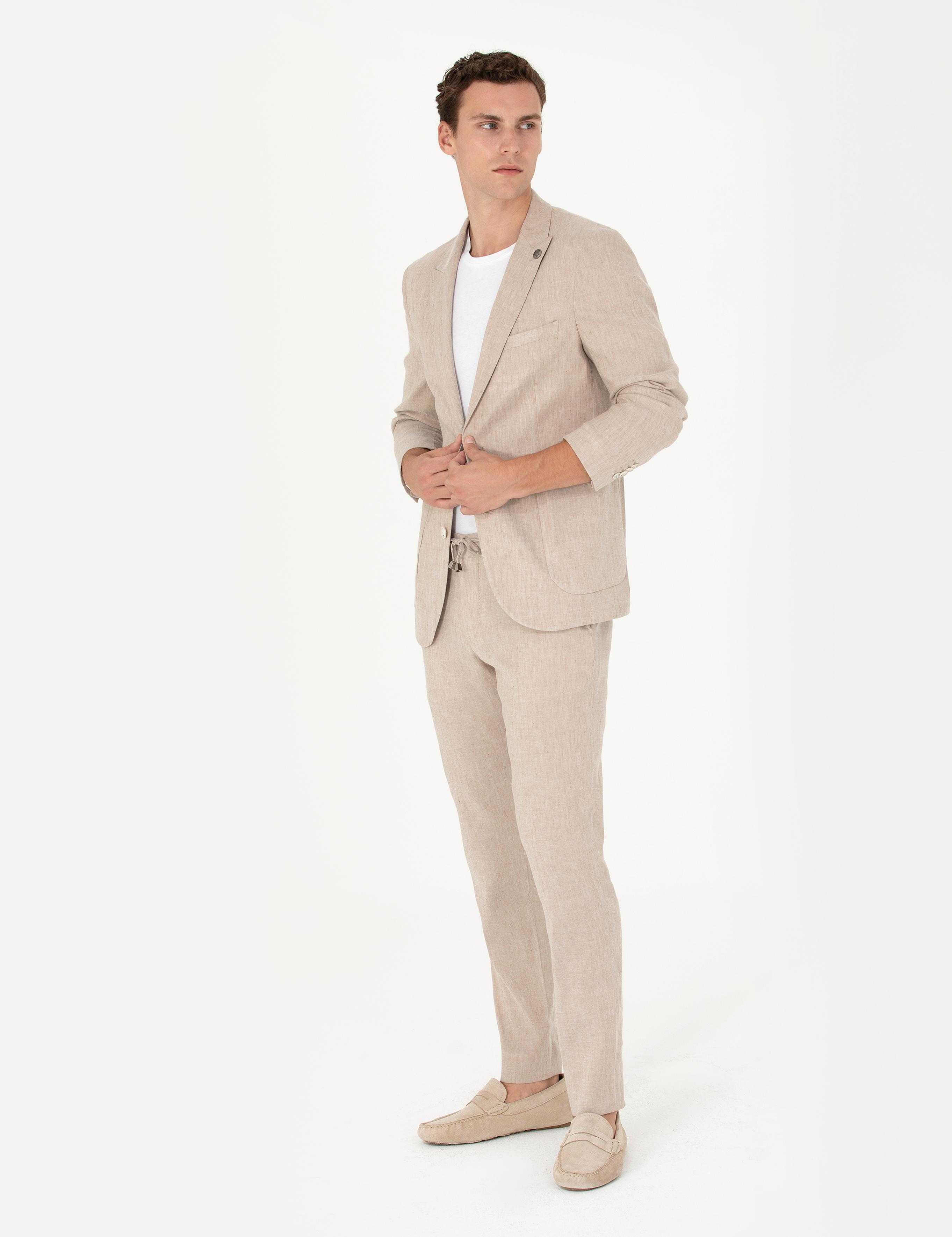 Açık Kahverengi Ekstra Slim Fit Keten Karışımlı Takım Elbise