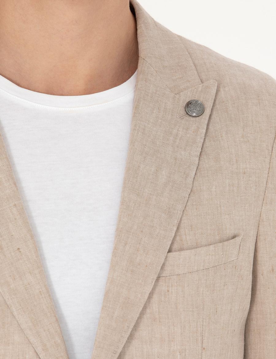 Açık Kahverengi Ekstra Slim Fit Keten Karışımlı Takım Elbise