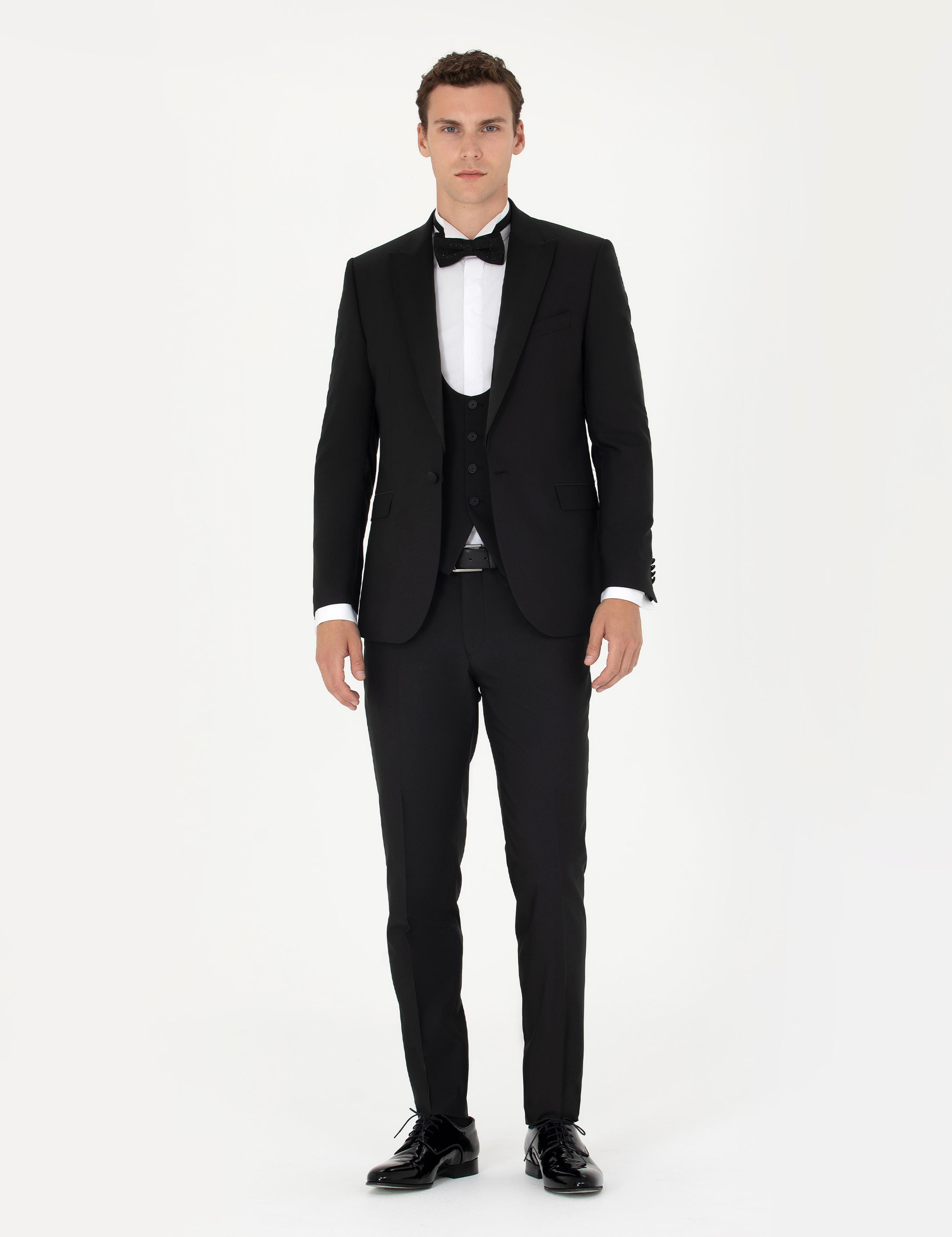 Siyah Ex. Slim Fit Yelekli Smokin