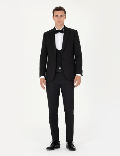 Siyah Ex. Slim Fit Yelekli Smokin
