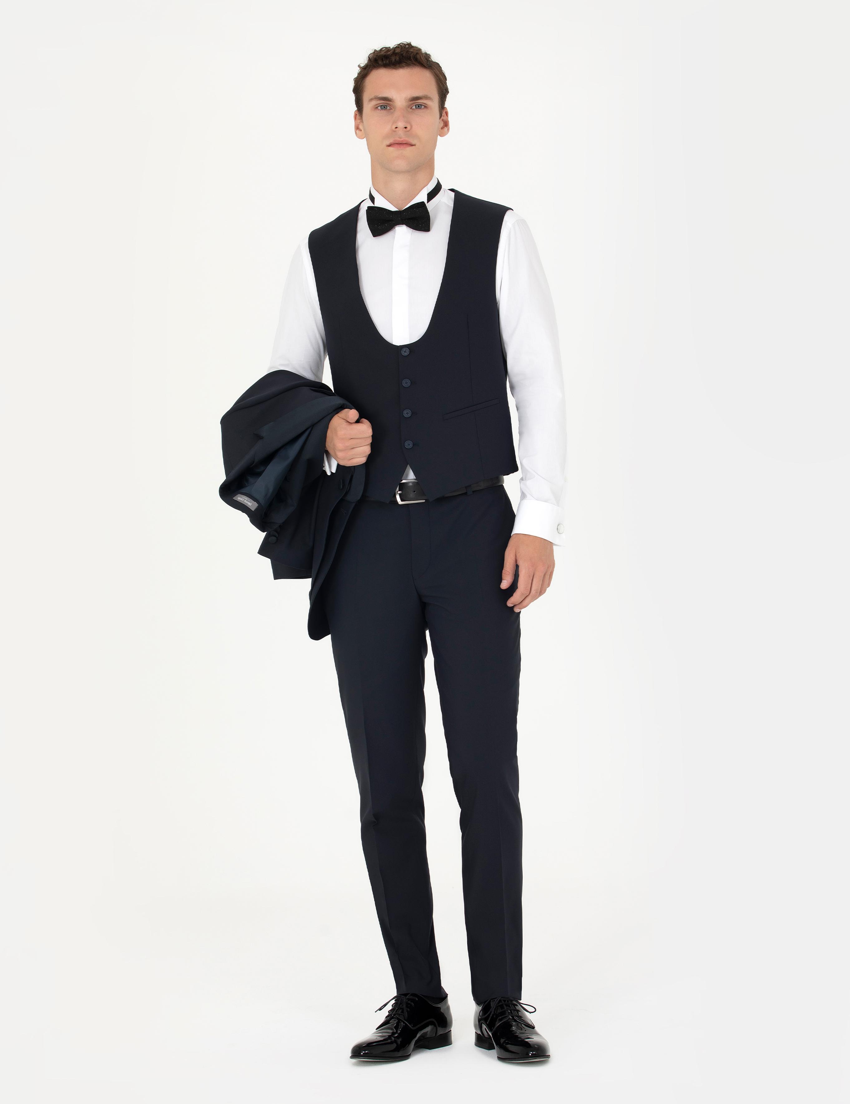 Lacivert Ex. Slim Fit Yelekli Smokin