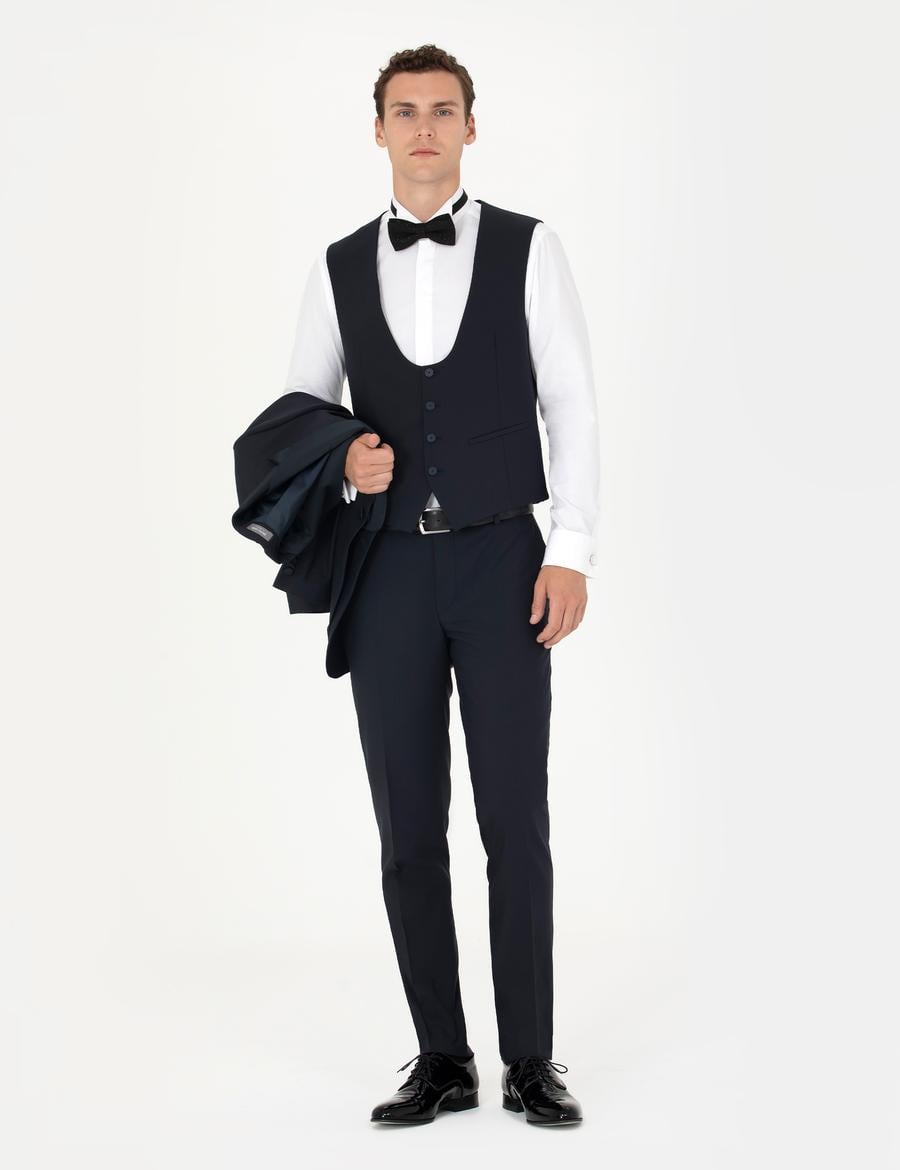 Lacivert Ex. Slim Fit Yelekli Smokin