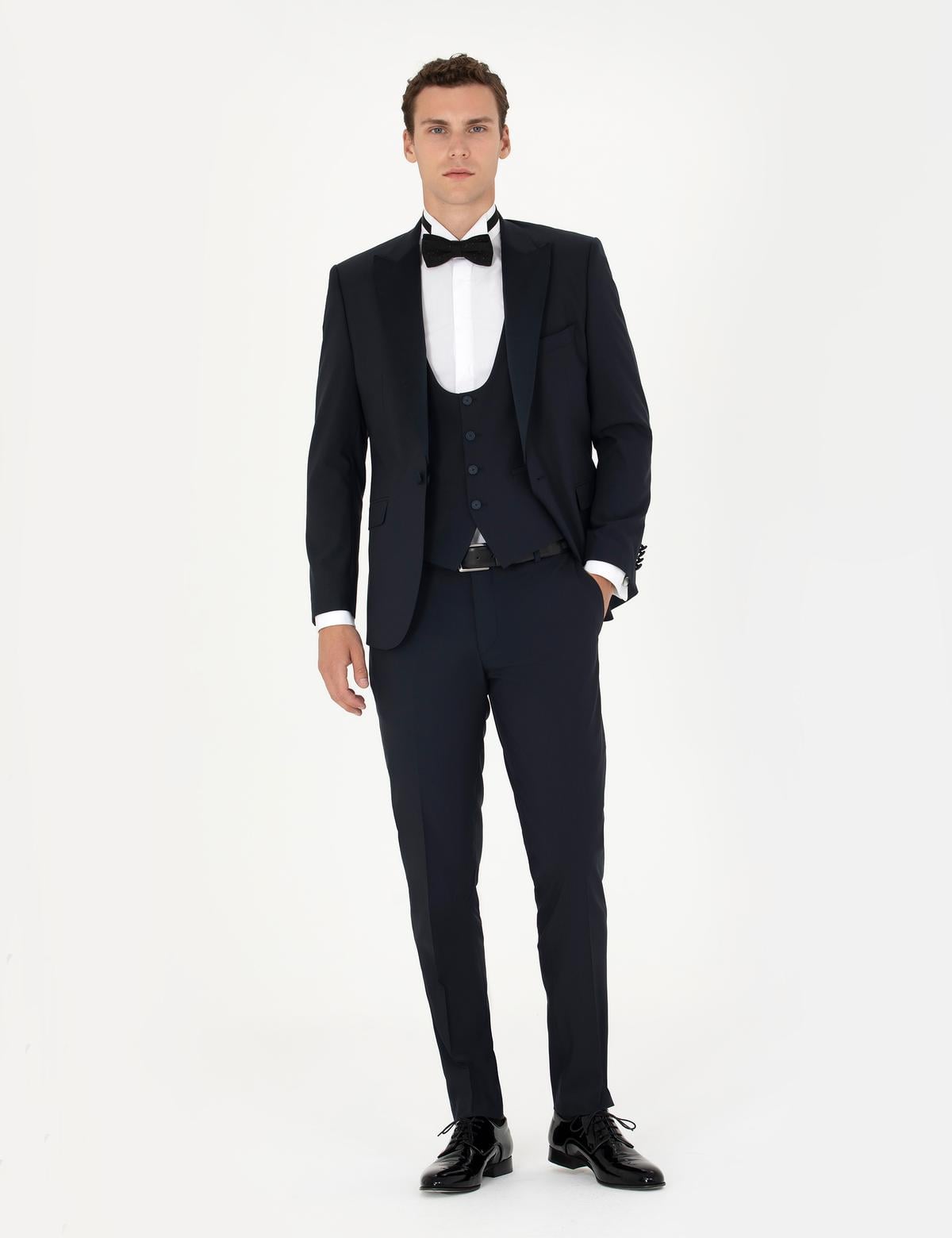 Lacivert Ex. Slim Fit Yelekli Smokin