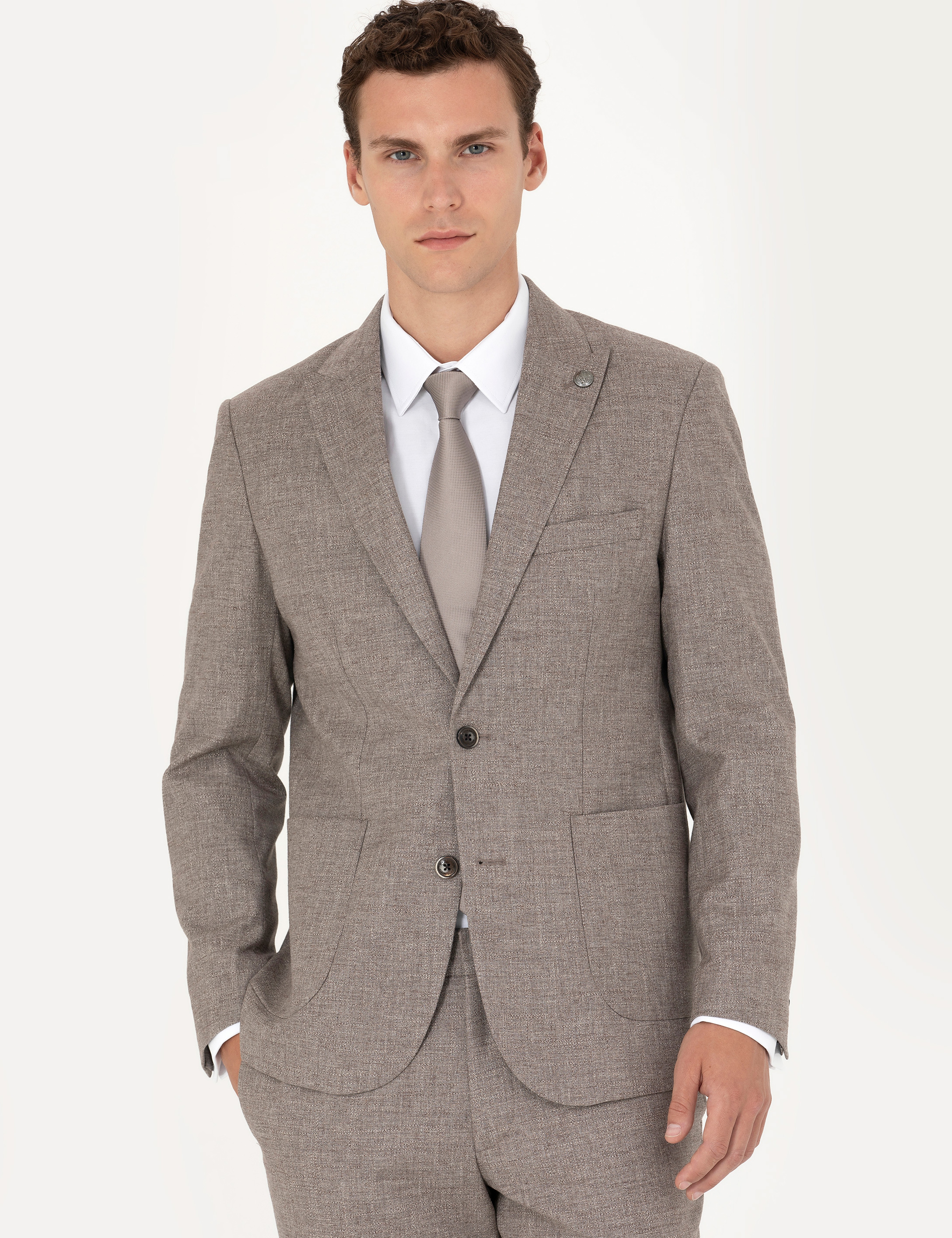 Açık Kahverengi Slim Fit Yün Karışımlı Takım Elbise - Image 4