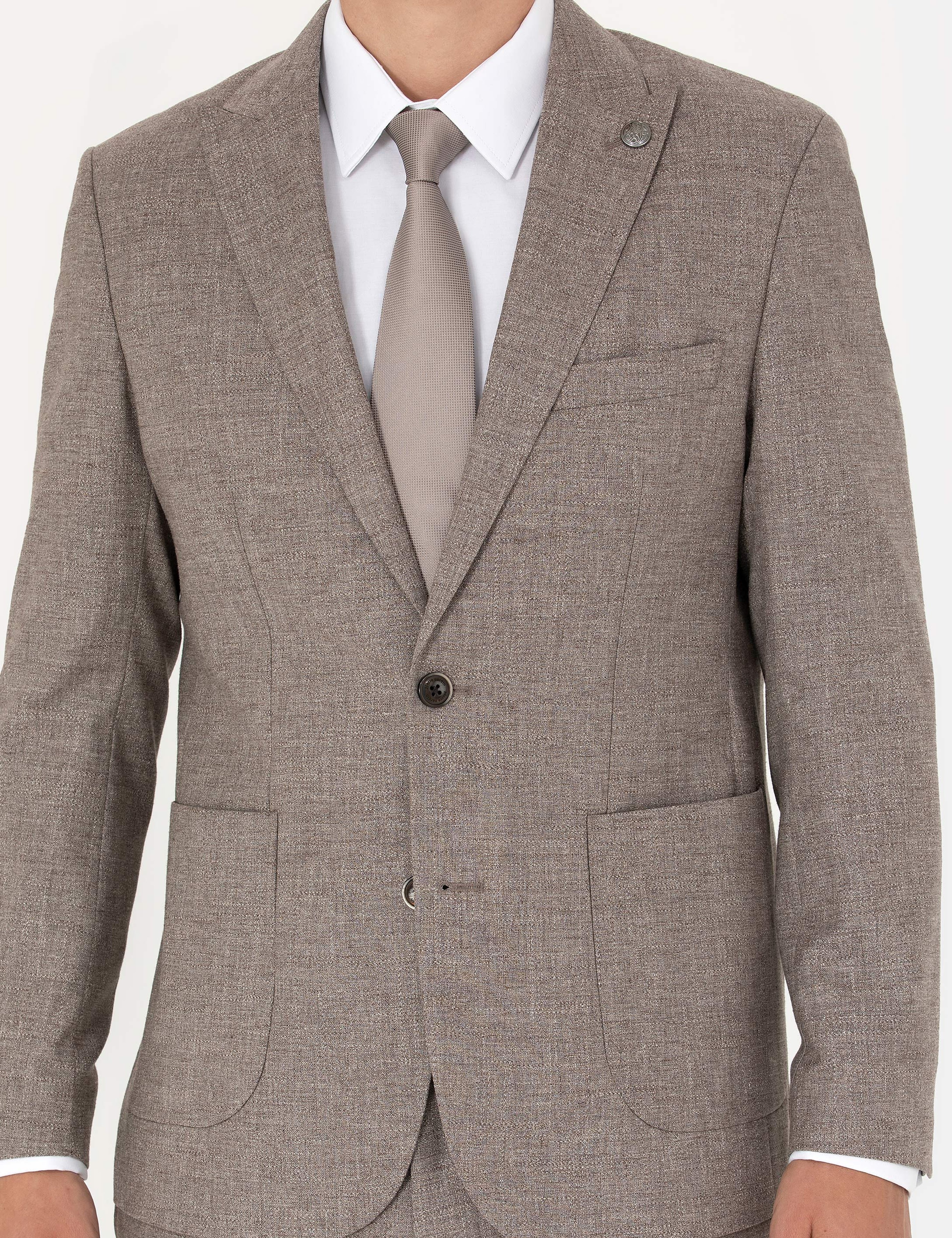 Açık Kahverengi Slim Fit Yün Karışımlı Takım Elbise