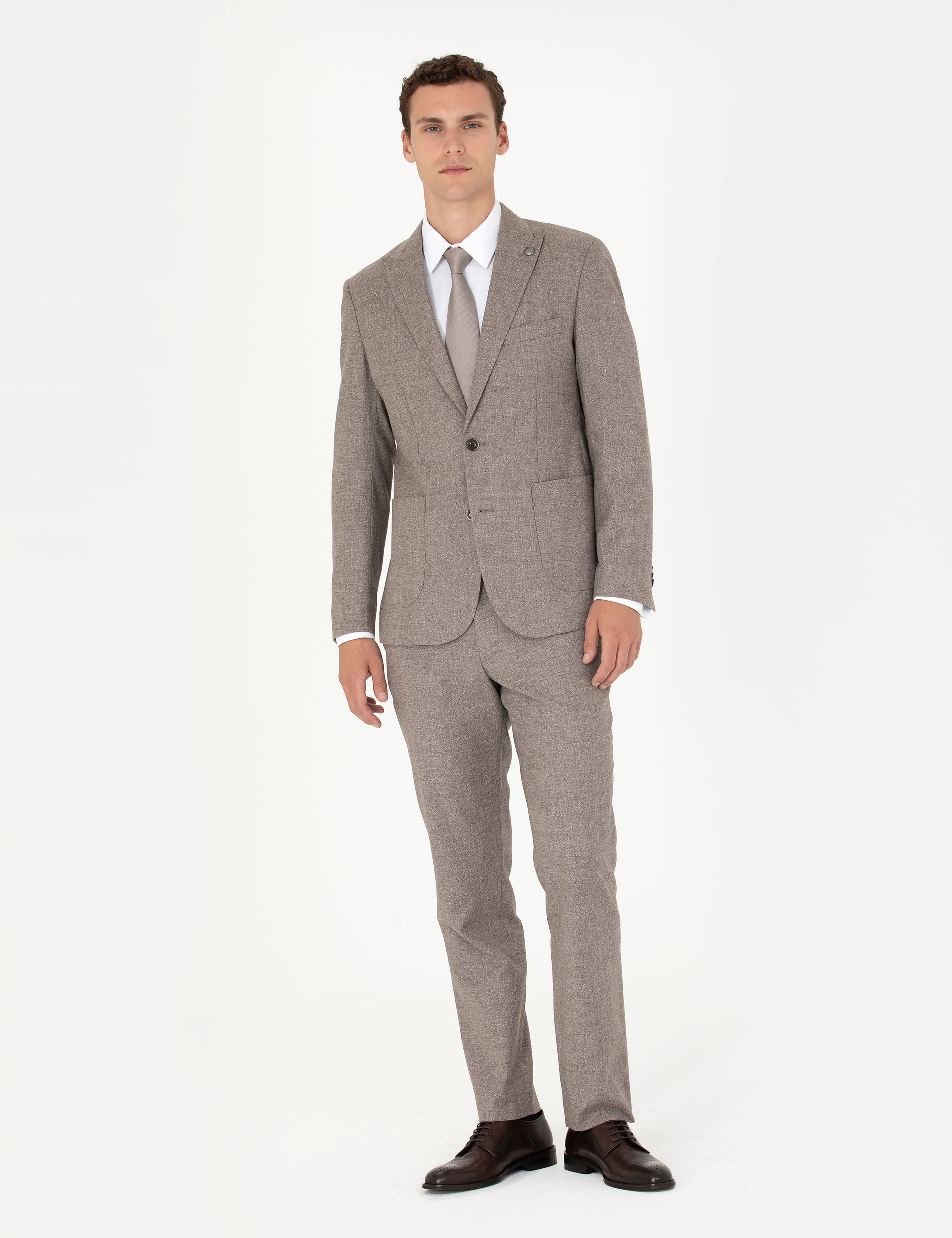 Açık Kahverengi Slim Fit Yün Karışımlı Takım Elbise - Image 1