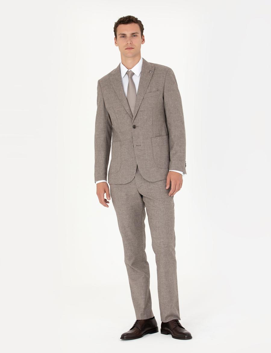 Açık Kahverengi Slim Fit Yün Karışımlı Takım Elbise