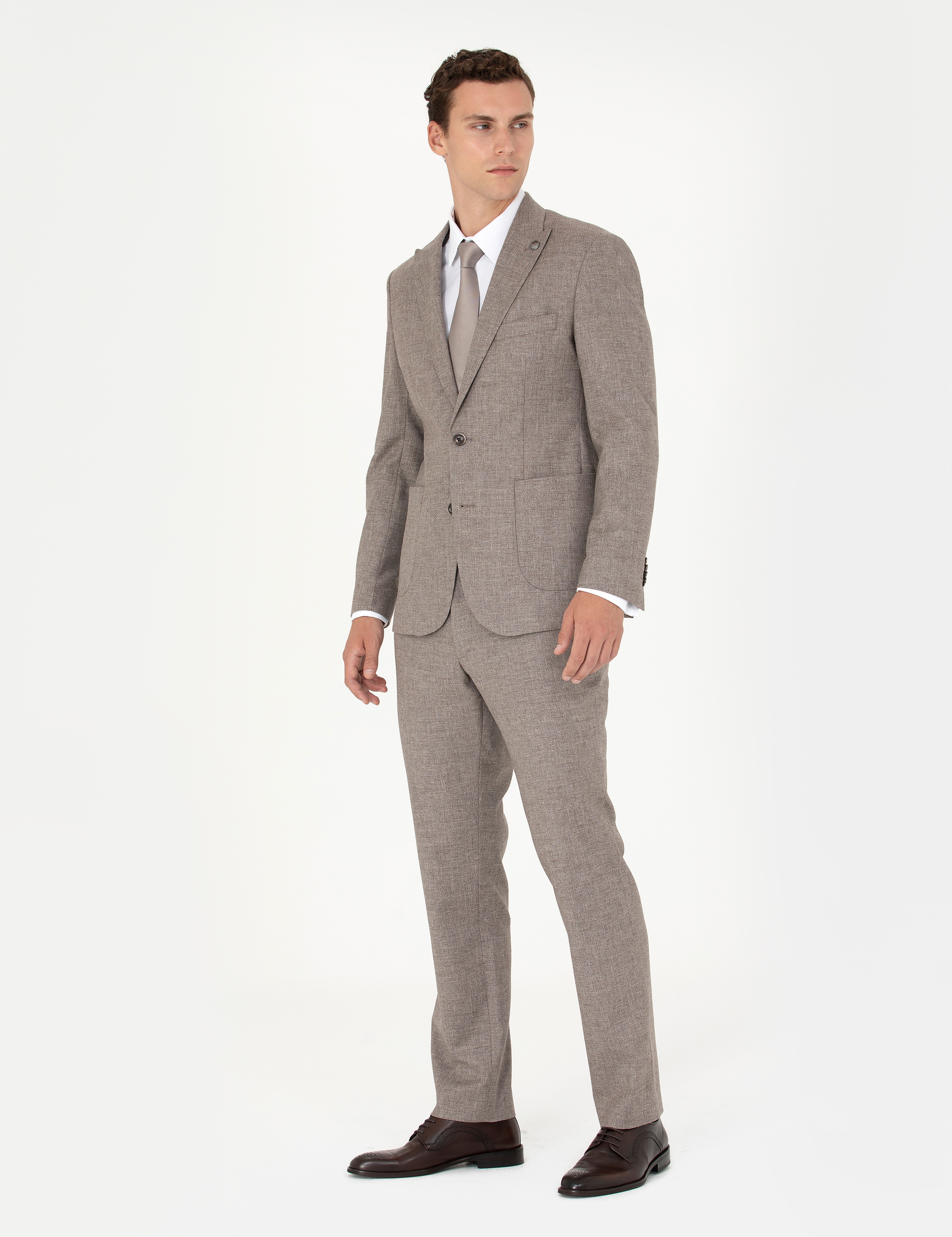 Açık Kahverengi Slim Fit Yün Karışımlı Takım Elbise - Image 3