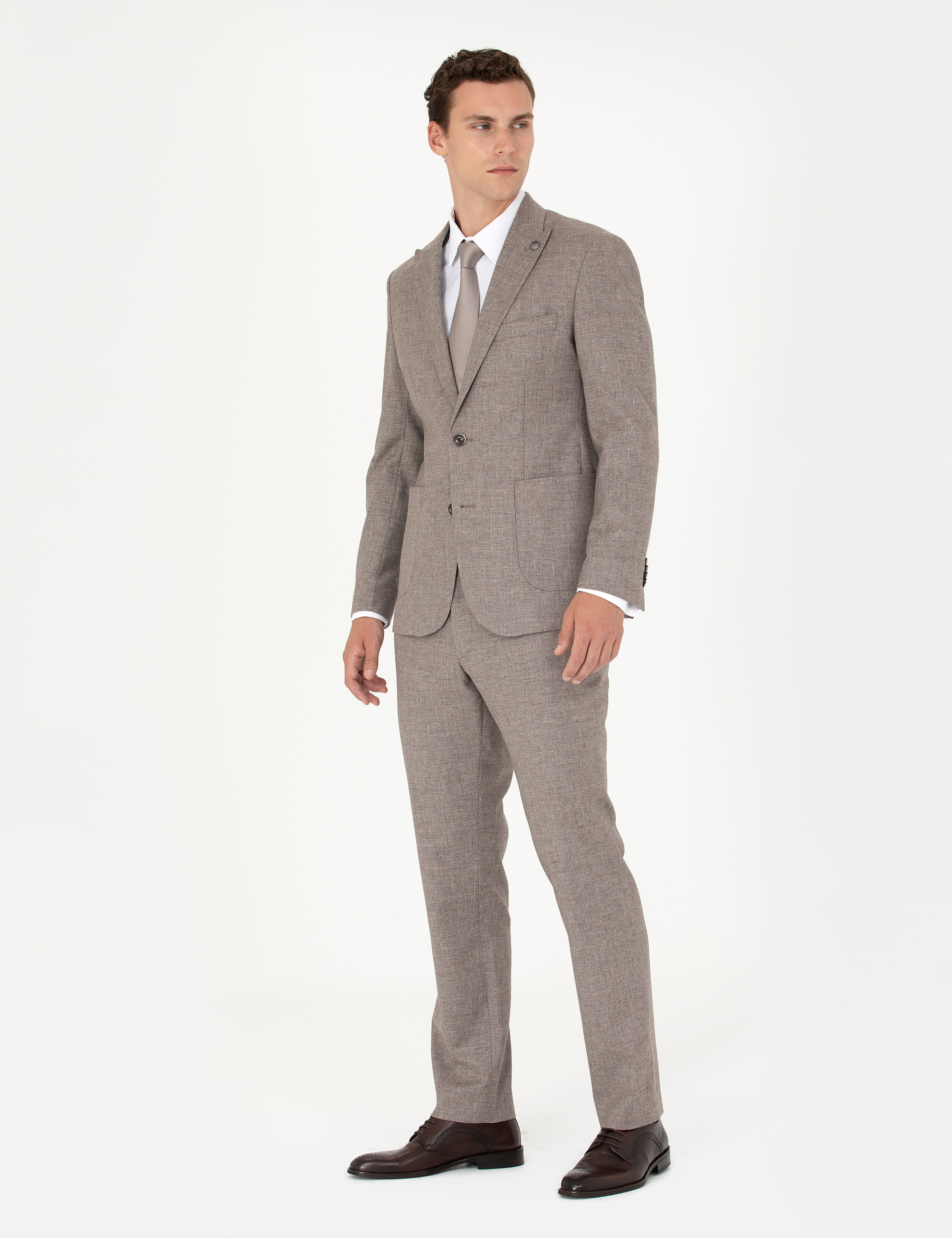 Açık Kahverengi Slim Fit Yün Karışımlı Takım Elbise