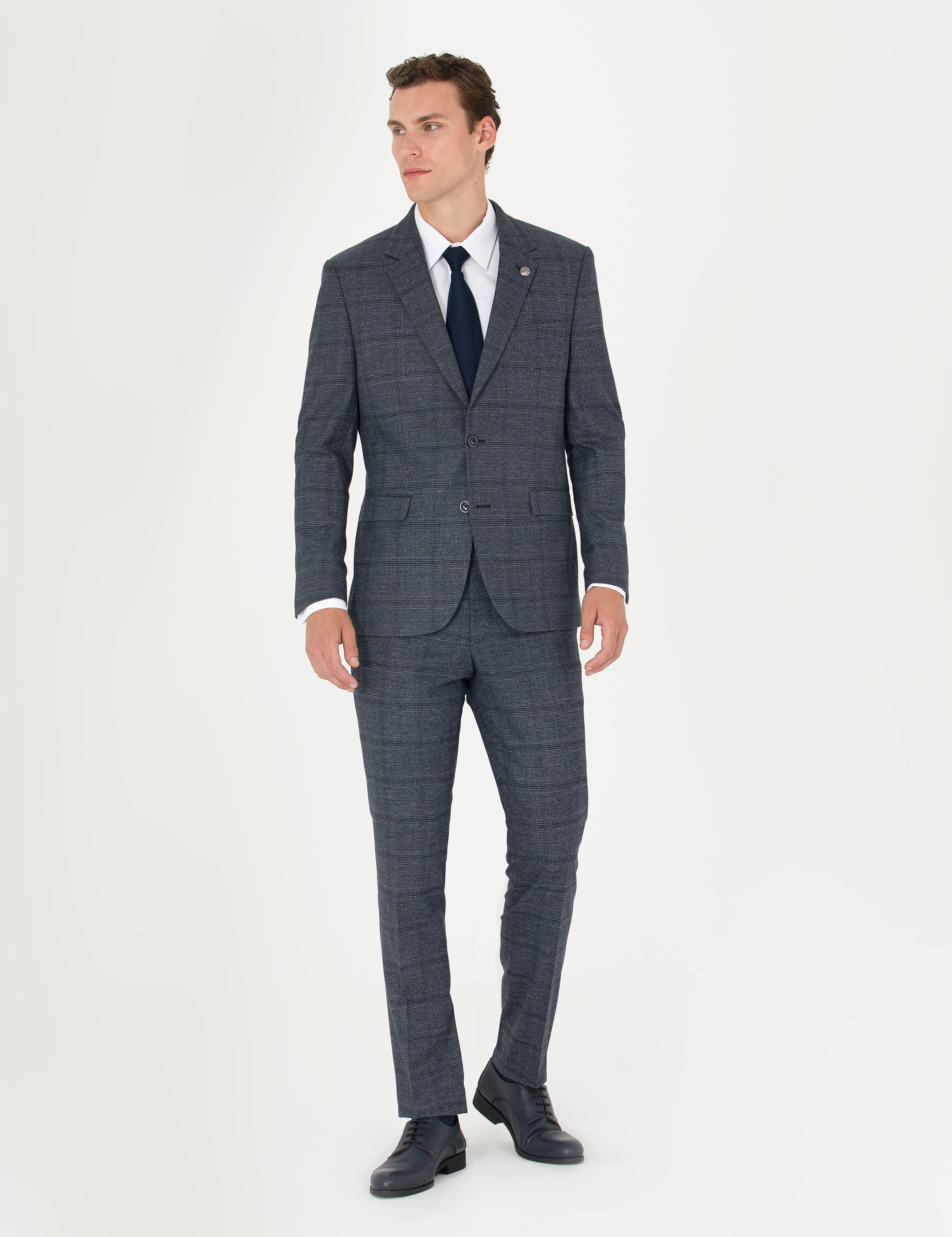 Lacivert Slim Fit Ekose Takım Elbise - Image 1