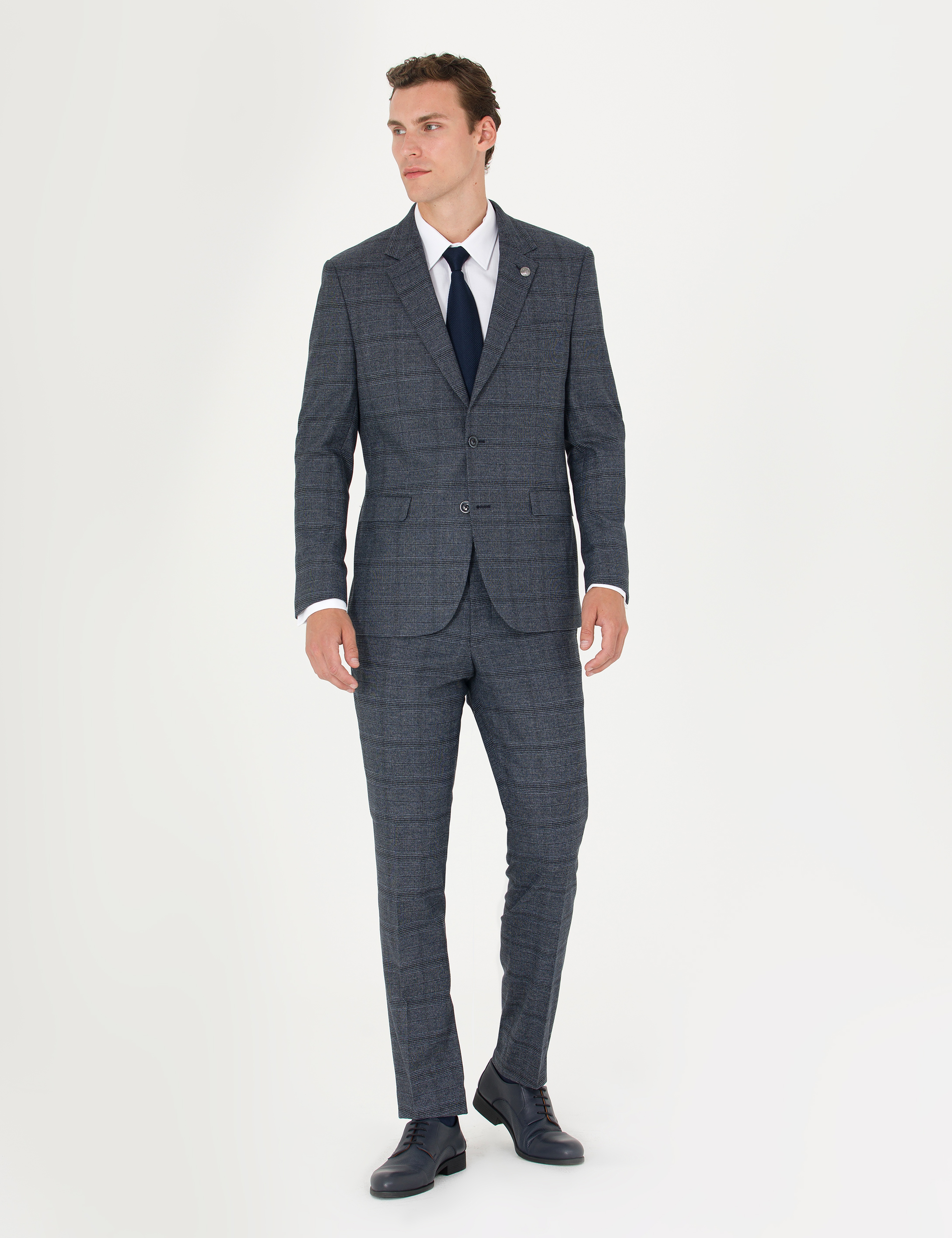 Lacivert Slim Fit Ekose Takım Elbise
