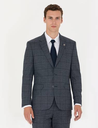 Lacivert Slim Fit Ekose Takım Elbise