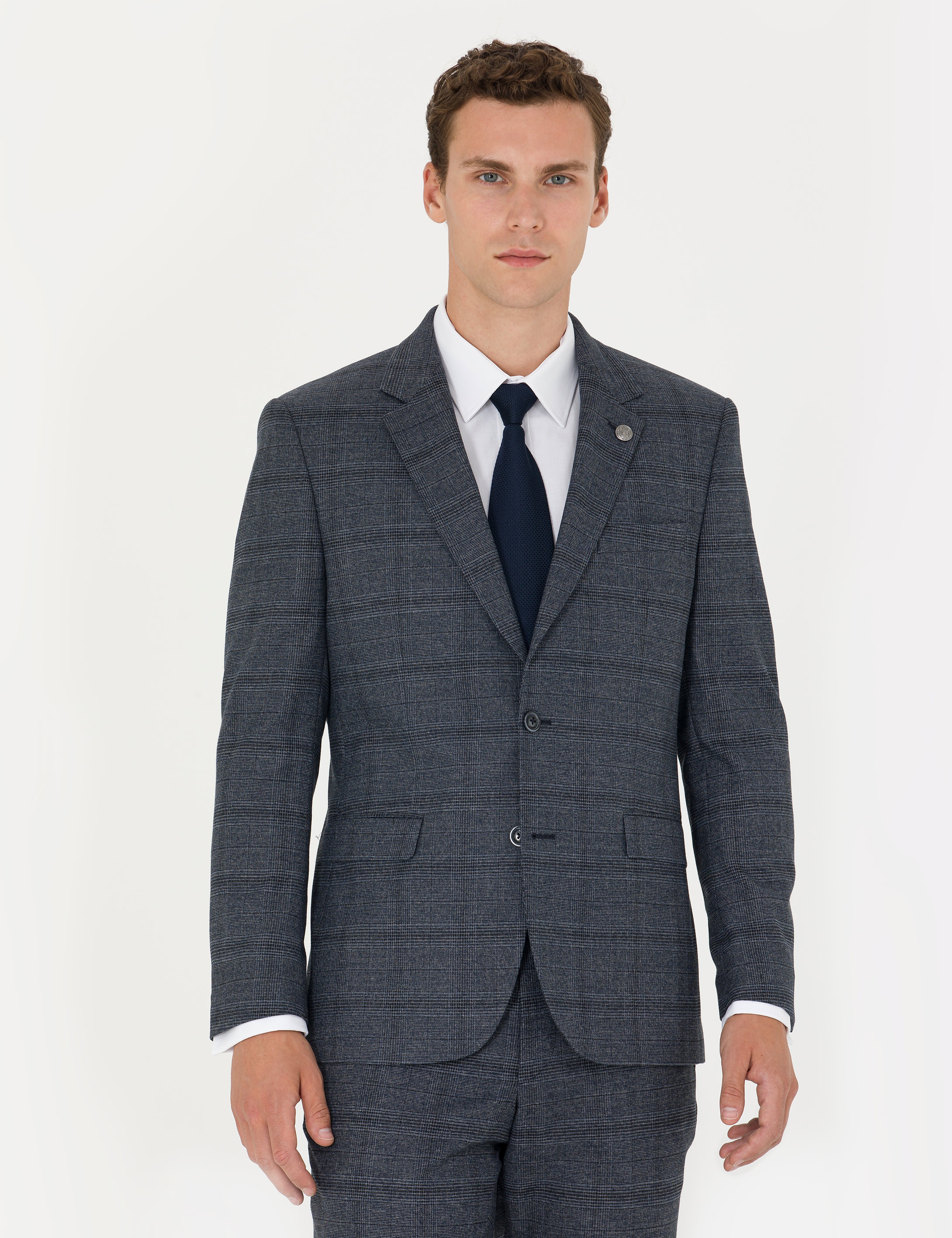 Lacivert Slim Fit Ekose Takım Elbise - Image 4