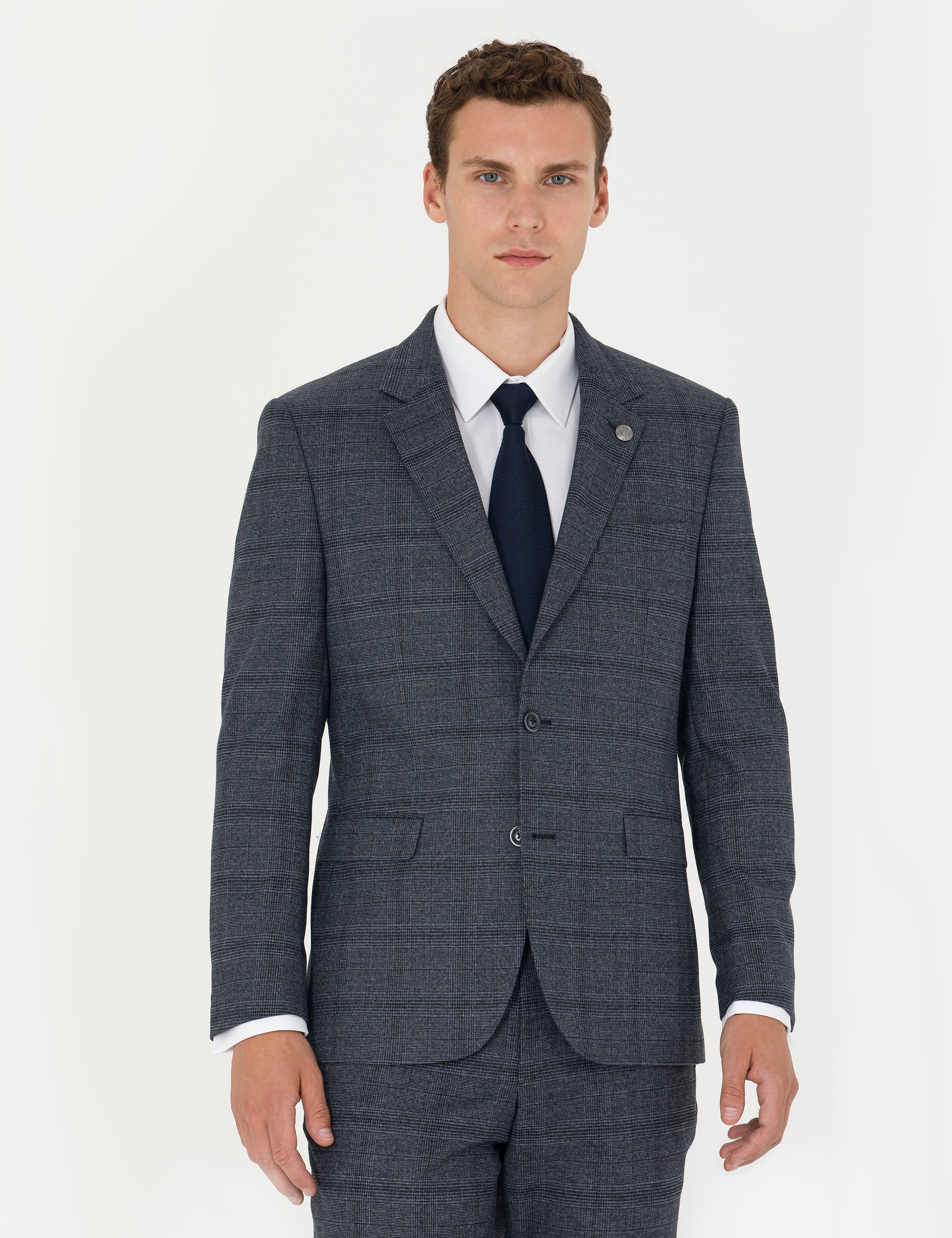 Lacivert Slim Fit Ekose Takım Elbise
