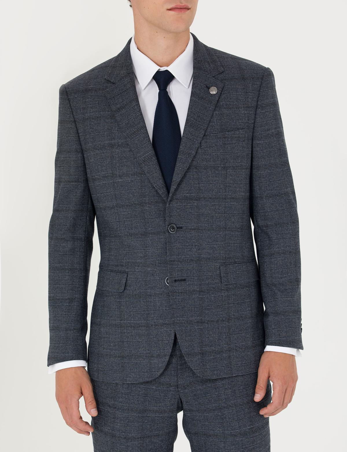 Lacivert Slim Fit Ekose Takım Elbise - 50279140008