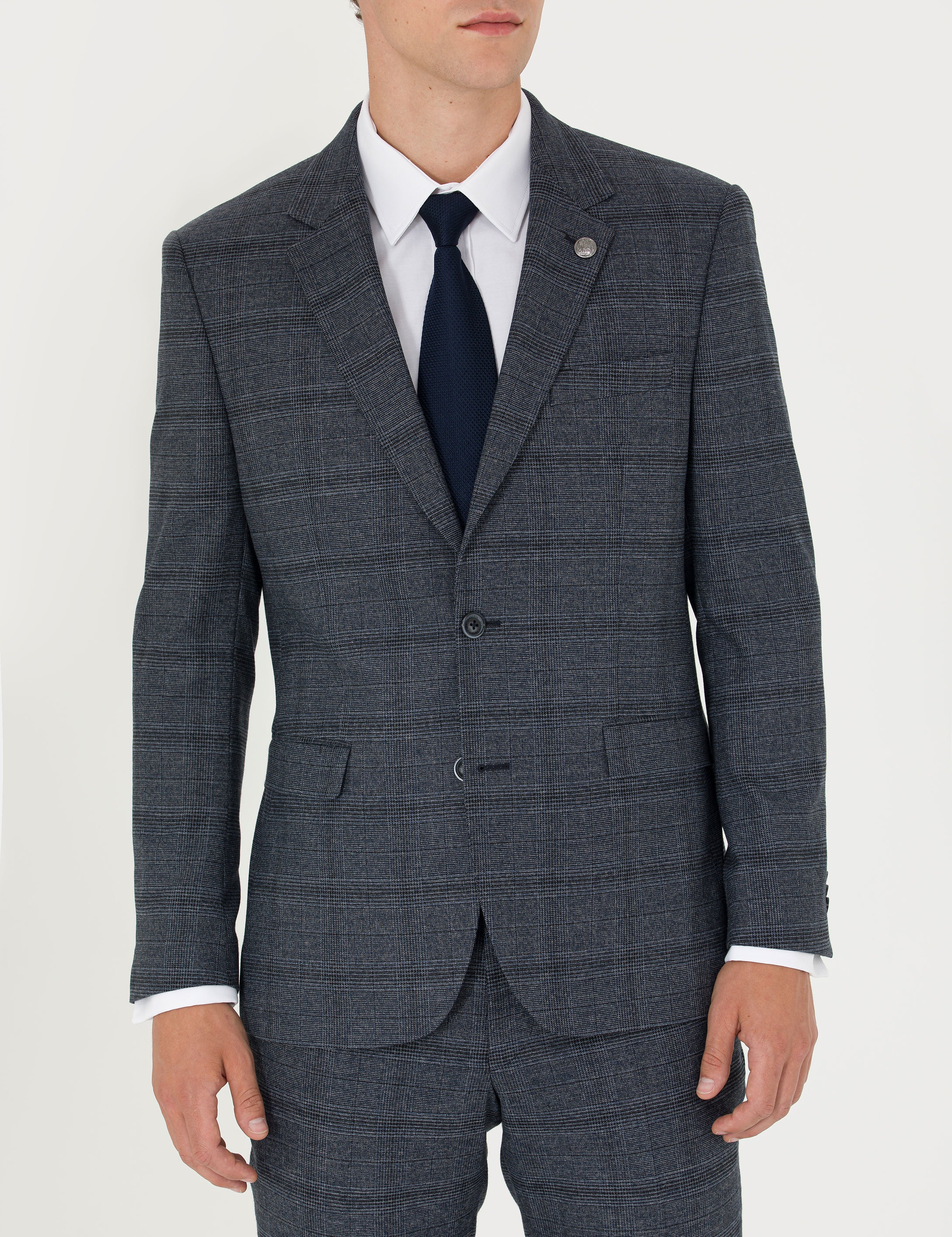 Lacivert Slim Fit Ekose Takım Elbise