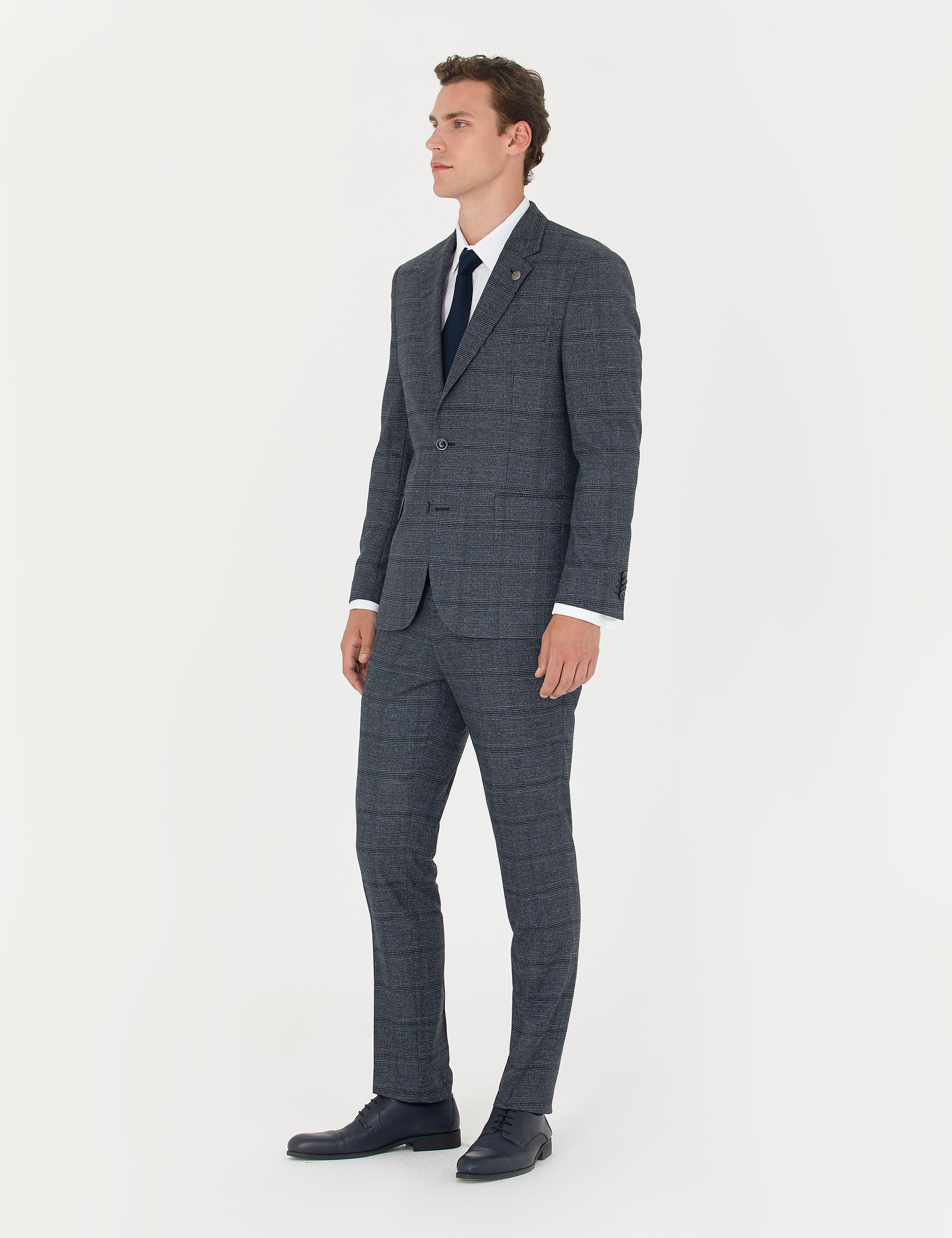 Lacivert Slim Fit Ekose Takım Elbise