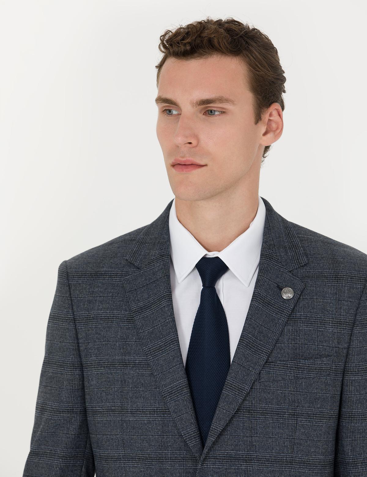 Lacivert Slim Fit Ekose Takım Elbise - 50279140008