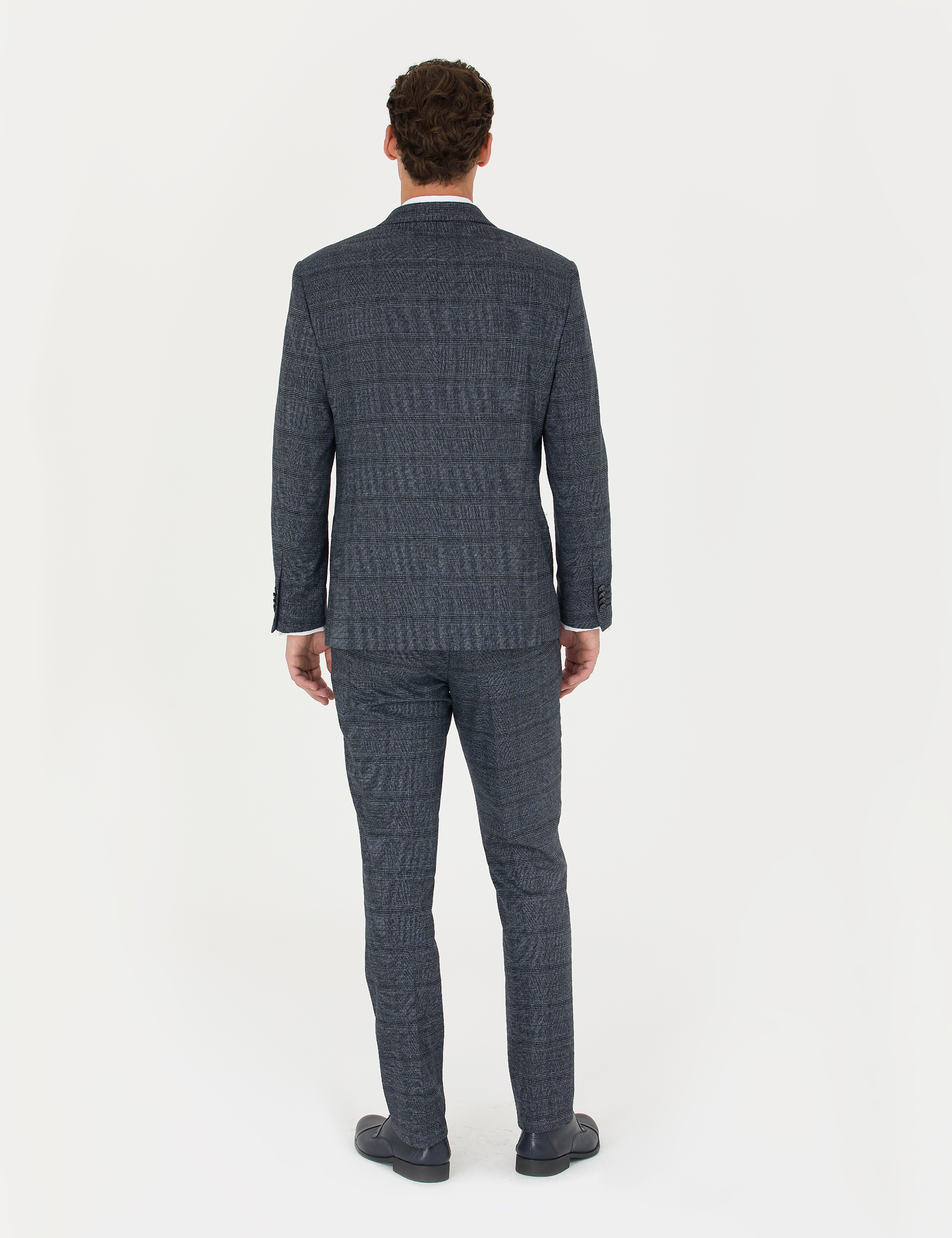 Lacivert Slim Fit Ekose Takım Elbise