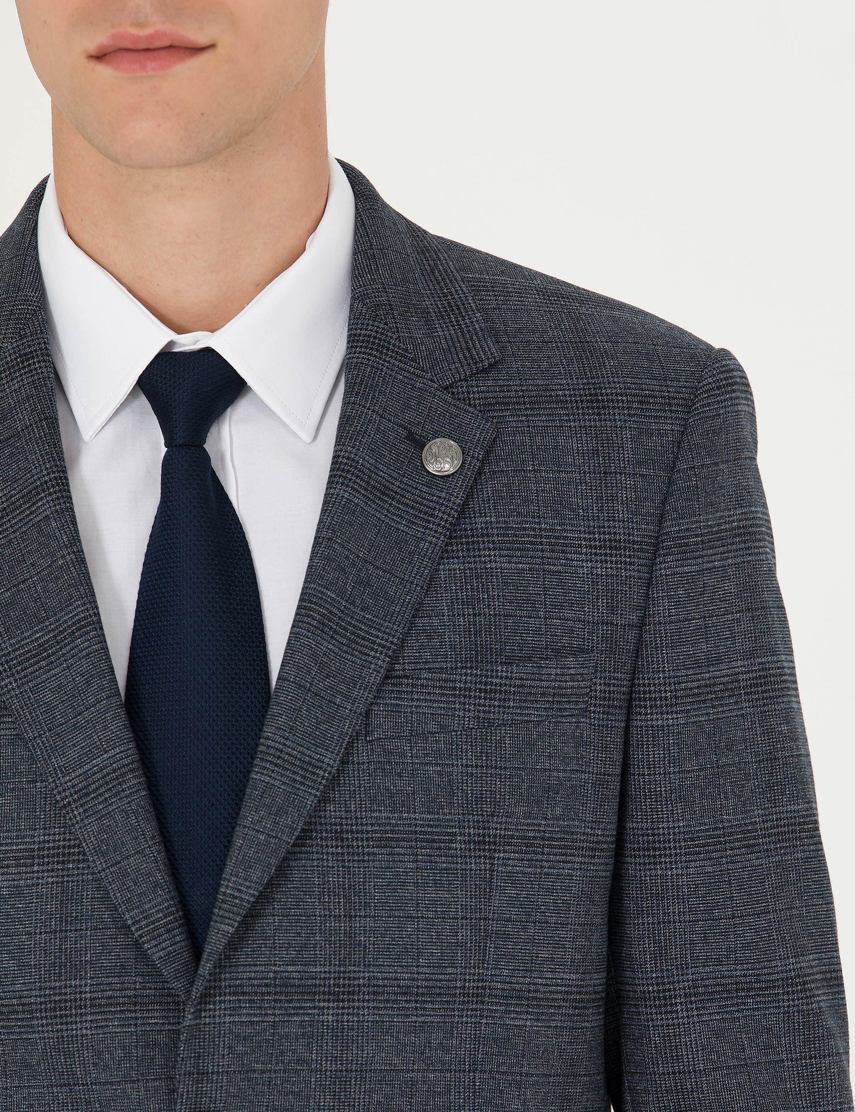 Lacivert Slim Fit Ekose Takım Elbise