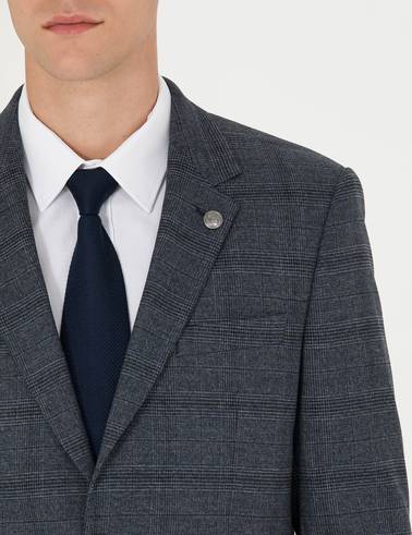 Lacivert Slim Fit Ekose Takım Elbise