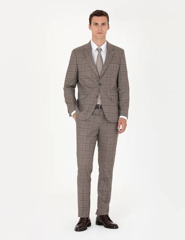 Açık Kahverengi Slim Fit Ekose Takım Elbise