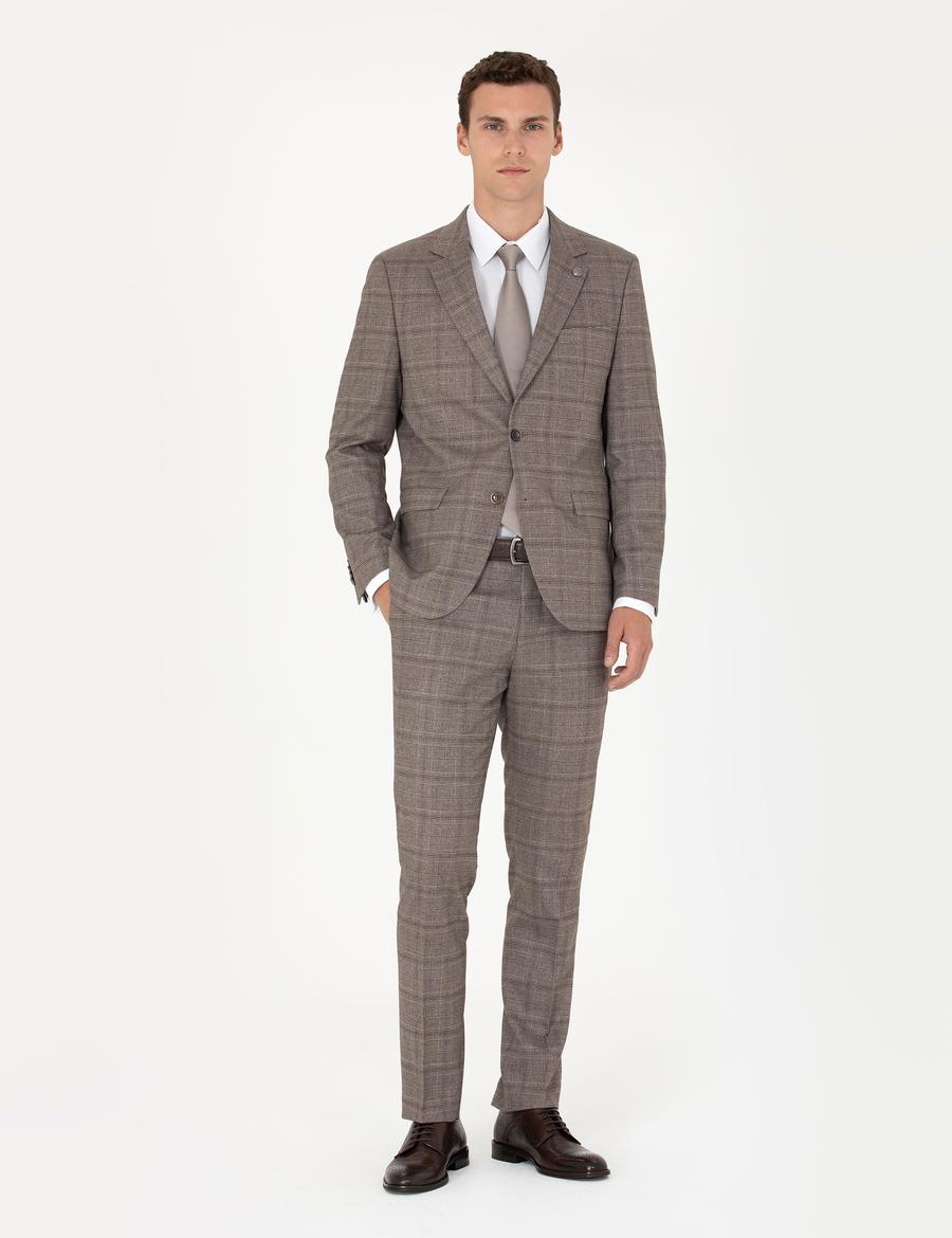 Açık Kahverengi Slim Fit Ekose Takım Elbise