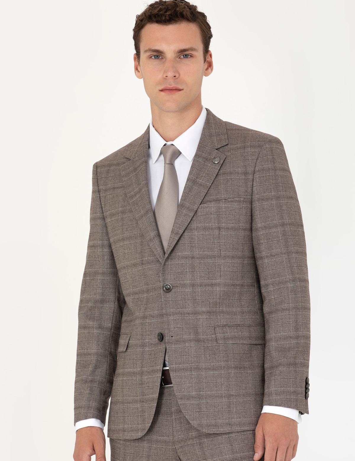 Açık Kahverengi Slim Fit Ekose Takım Elbise - 50279140050