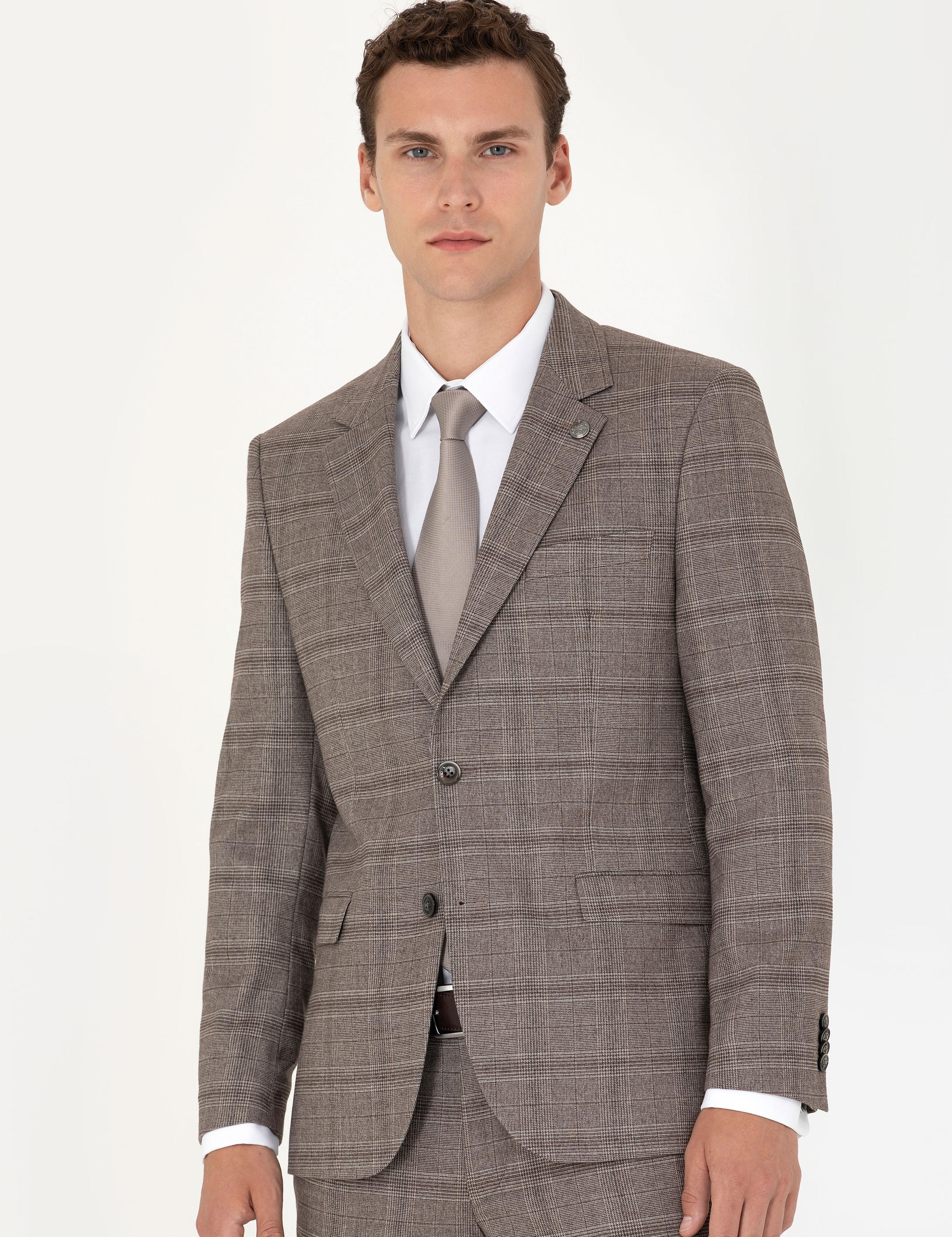 Açık Kahverengi Slim Fit Ekose Takım Elbise