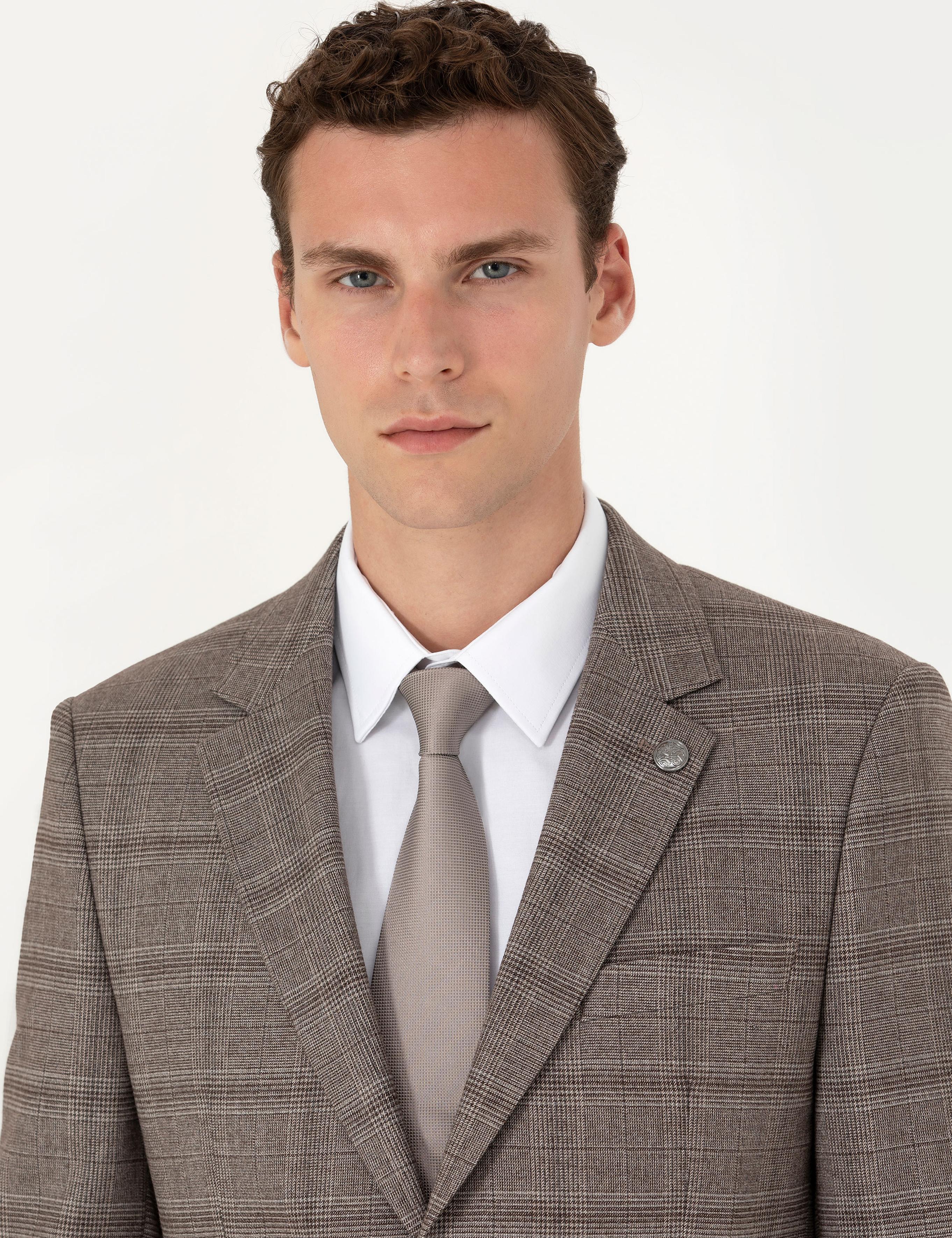 Açık Kahverengi Slim Fit Ekose Takım Elbise