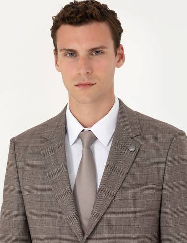 Açık Kahverengi Slim Fit Ekose Takım Elbise