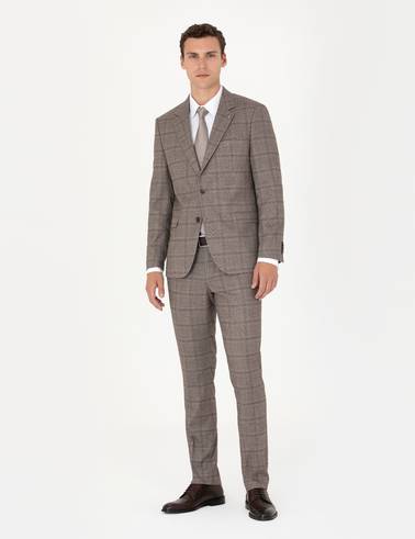 Açık Kahverengi Slim Fit Ekose Takım Elbise