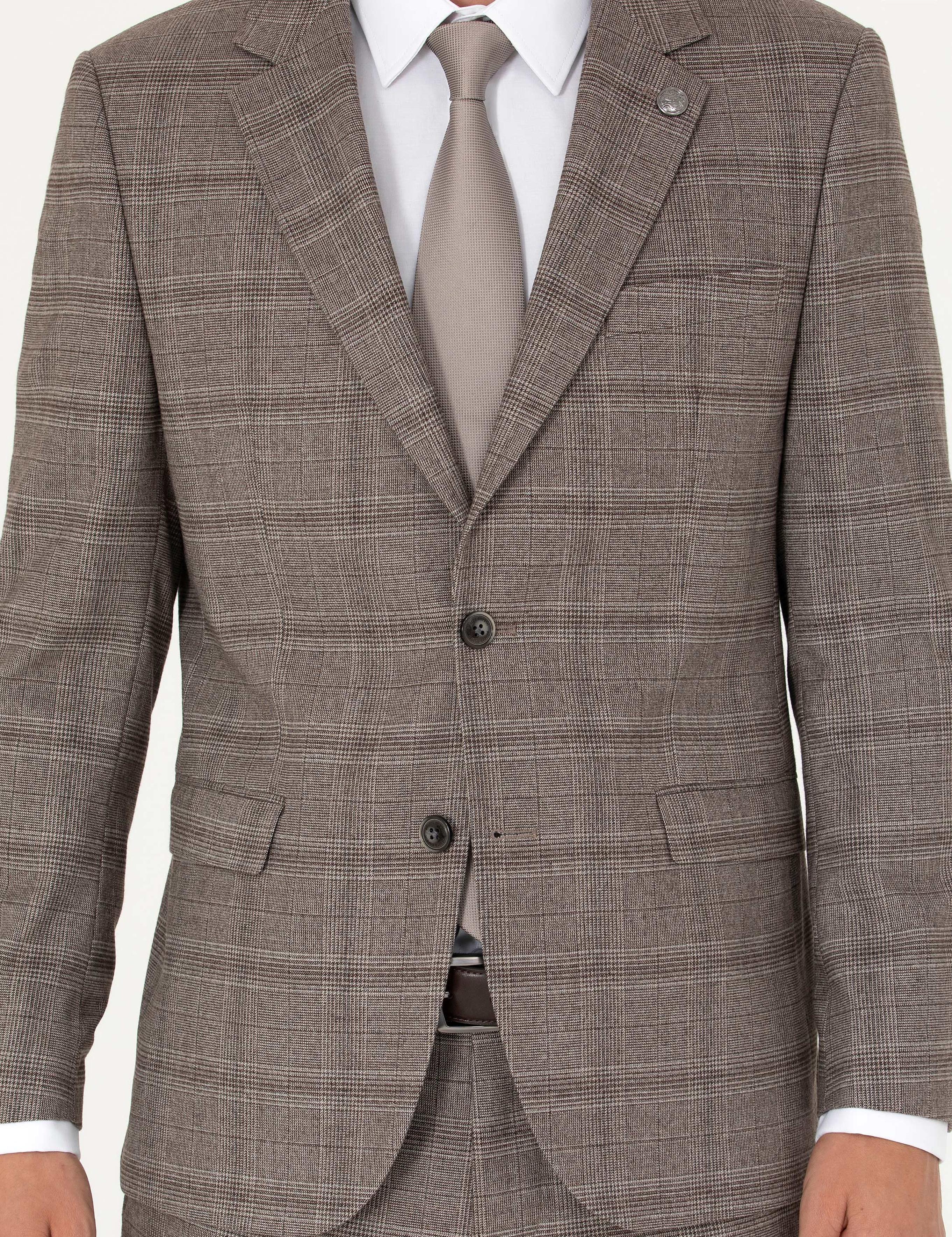 Açık Kahverengi Slim Fit Ekose Takım Elbise