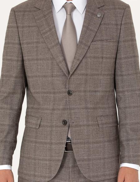 Açık Kahverengi Slim Fit Ekose Takım Elbise - 50279140050