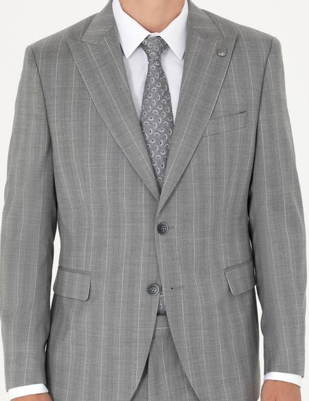 %100 Yün Gri Çizgili Takım Elbise - 50274238050