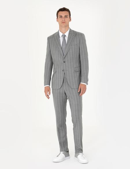 %100 Yün Gri Çizgili Takım Elbise - 50274238050