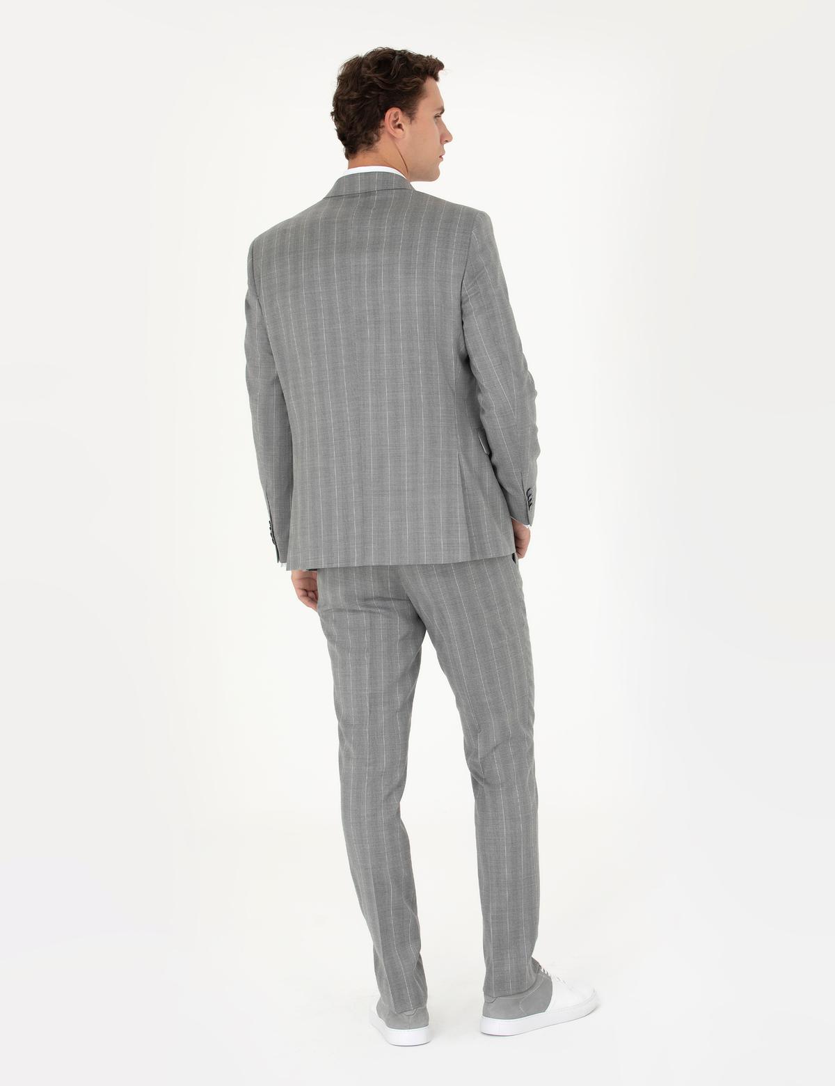 %100 Yün Gri Çizgili Takım Elbise - 50274238050