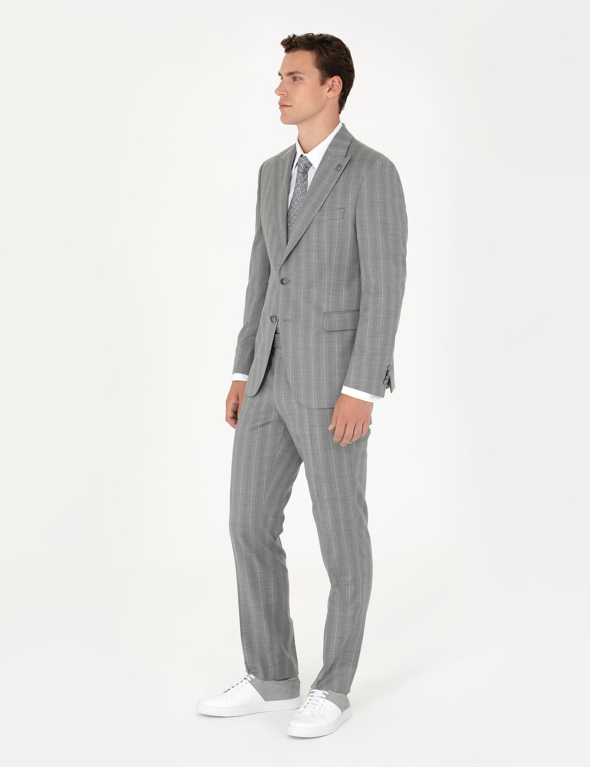 %100 Yün Gri Çizgili Takım Elbise - 50274238050
