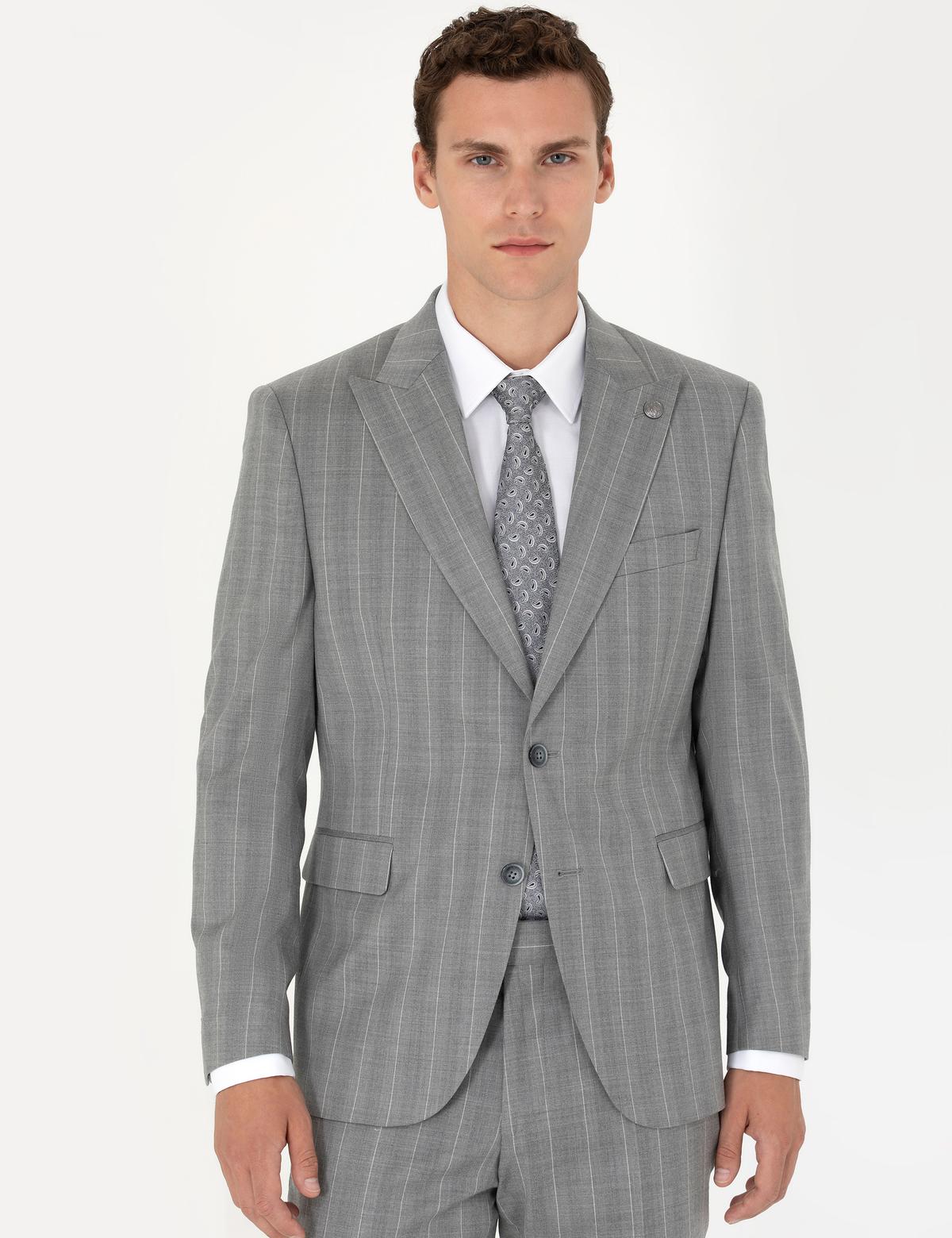 %100 Yün Gri Çizgili Takım Elbise - 50274238050