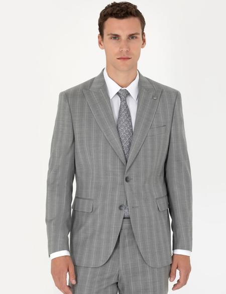 %100 Yün Gri Çizgili Takım Elbise - 50274238050