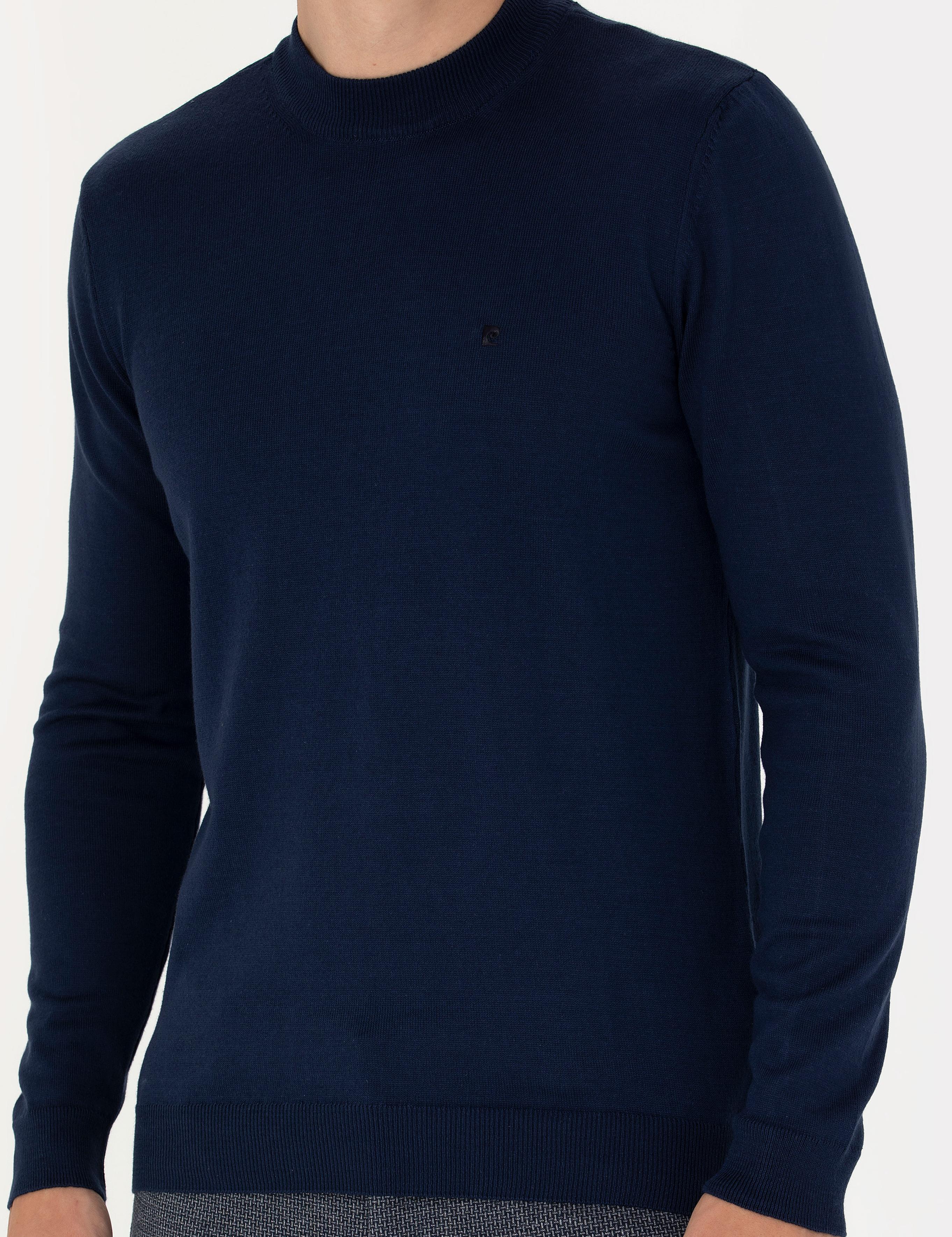 Açık Lacivert Slim Fit Çeyrek Yaka Basic Triko Kazak