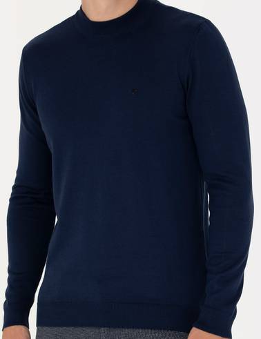 Açık Lacivert Slim Fit Çeyrek Yaka Basic Triko Kazak