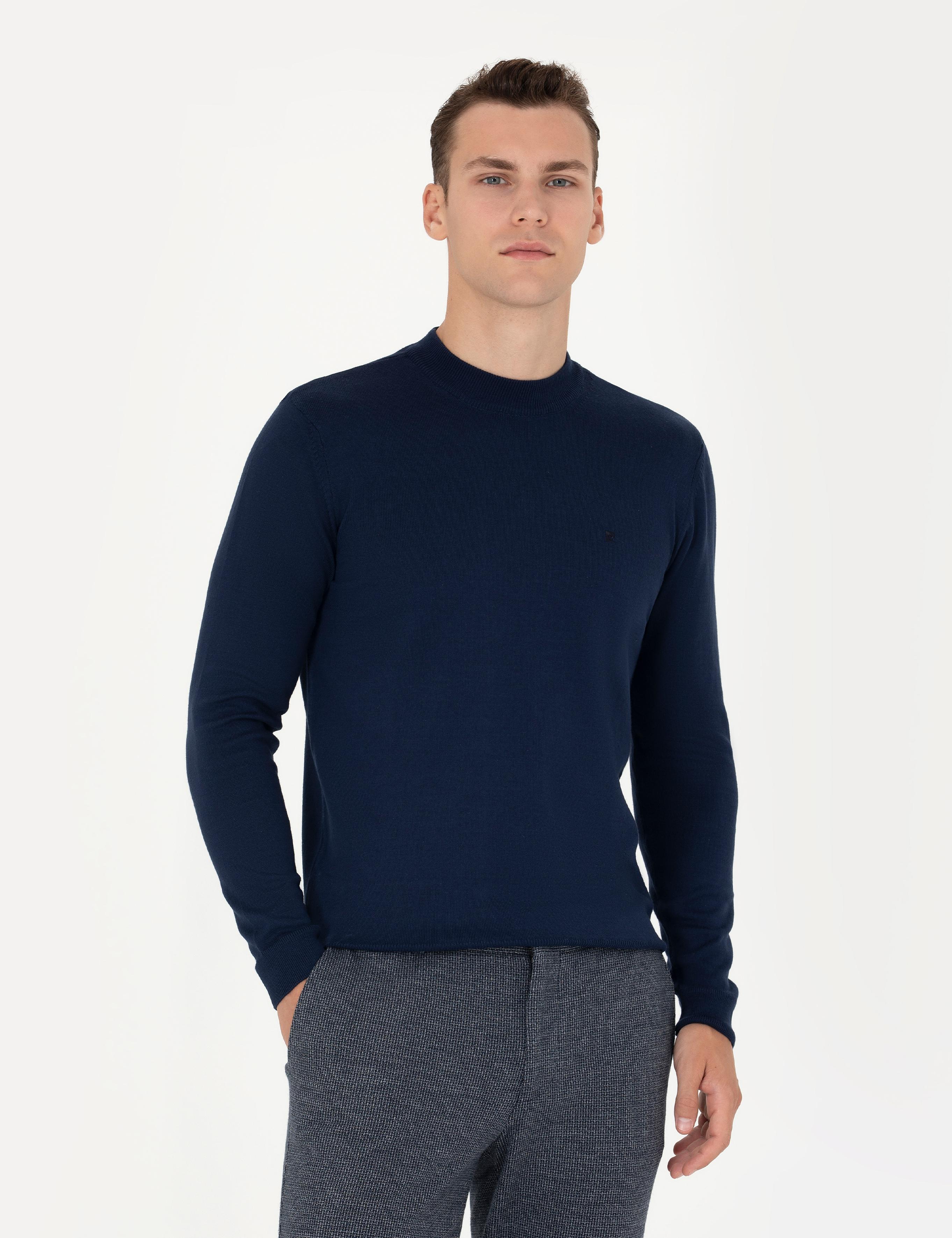 Açık Lacivert Slim Fit Çeyrek Yaka Basic Triko Kazak