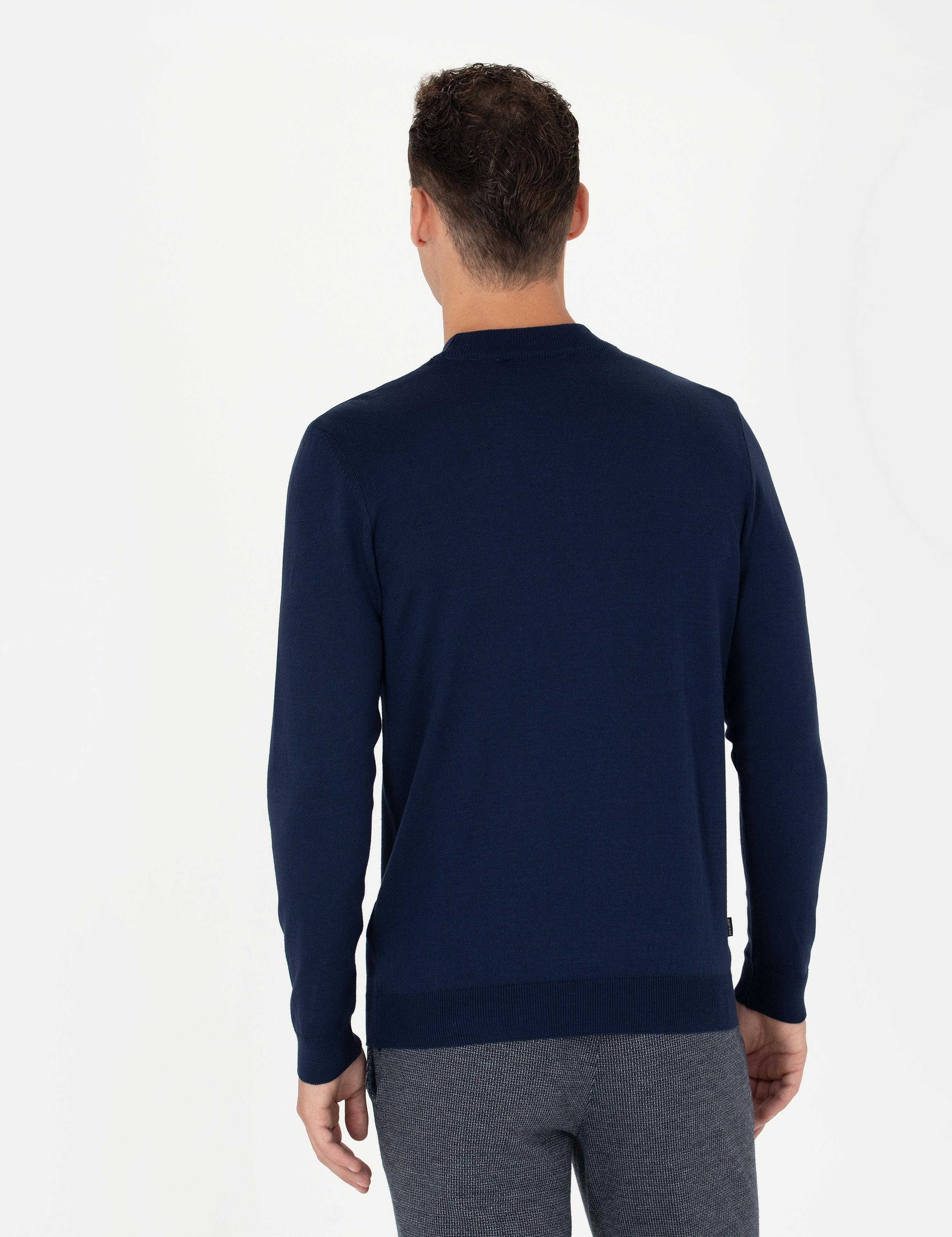 Açık Lacivert Slim Fit Çeyrek Yaka Basic Triko Kazak