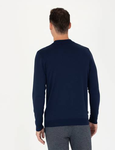 Açık Lacivert Slim Fit Çeyrek Yaka Basic Triko Kazak