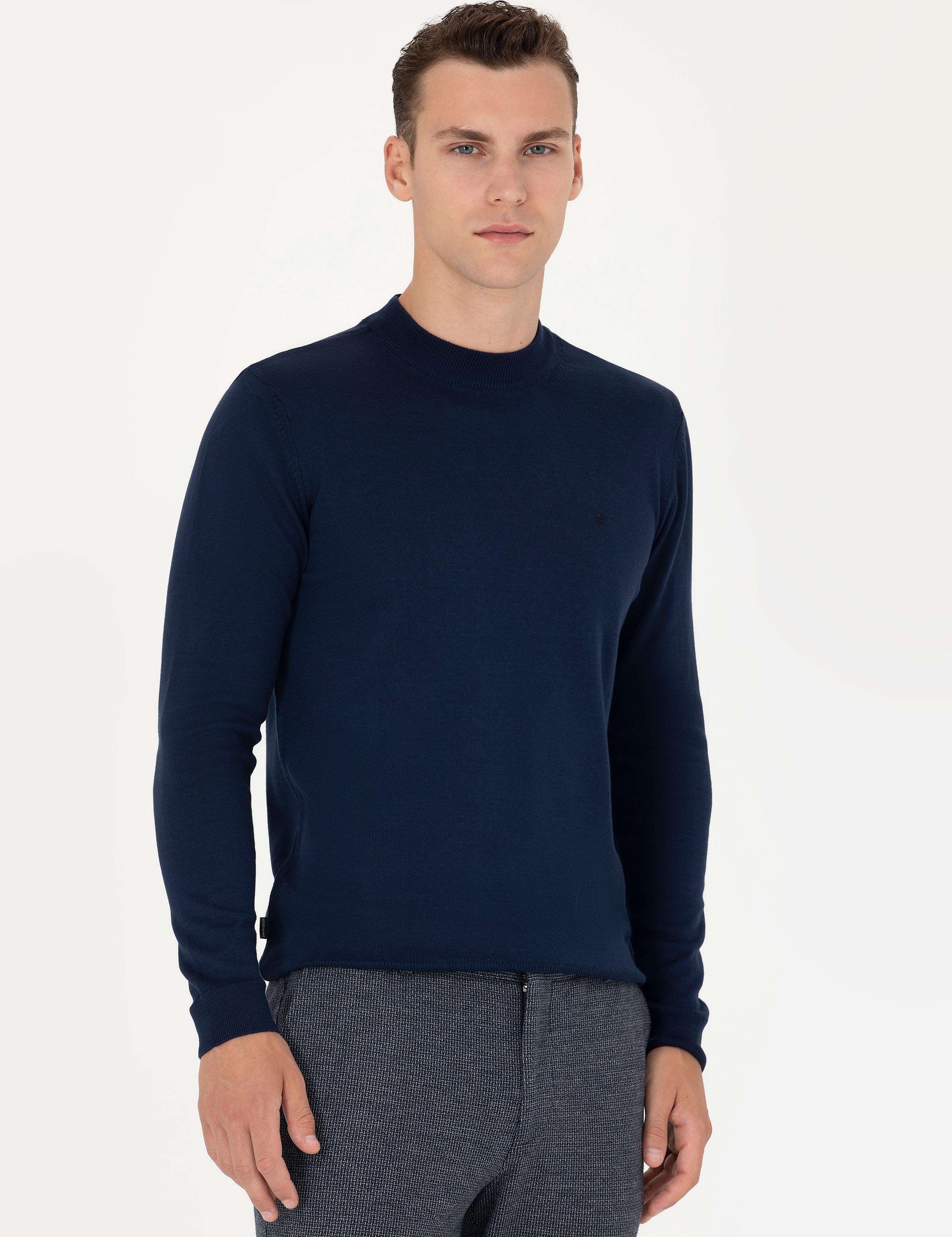 Açık Lacivert Slim Fit Çeyrek Yaka Basic Triko Kazak