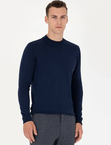 Açık Lacivert Slim Fit Çeyrek Yaka Basic Triko Kazak
