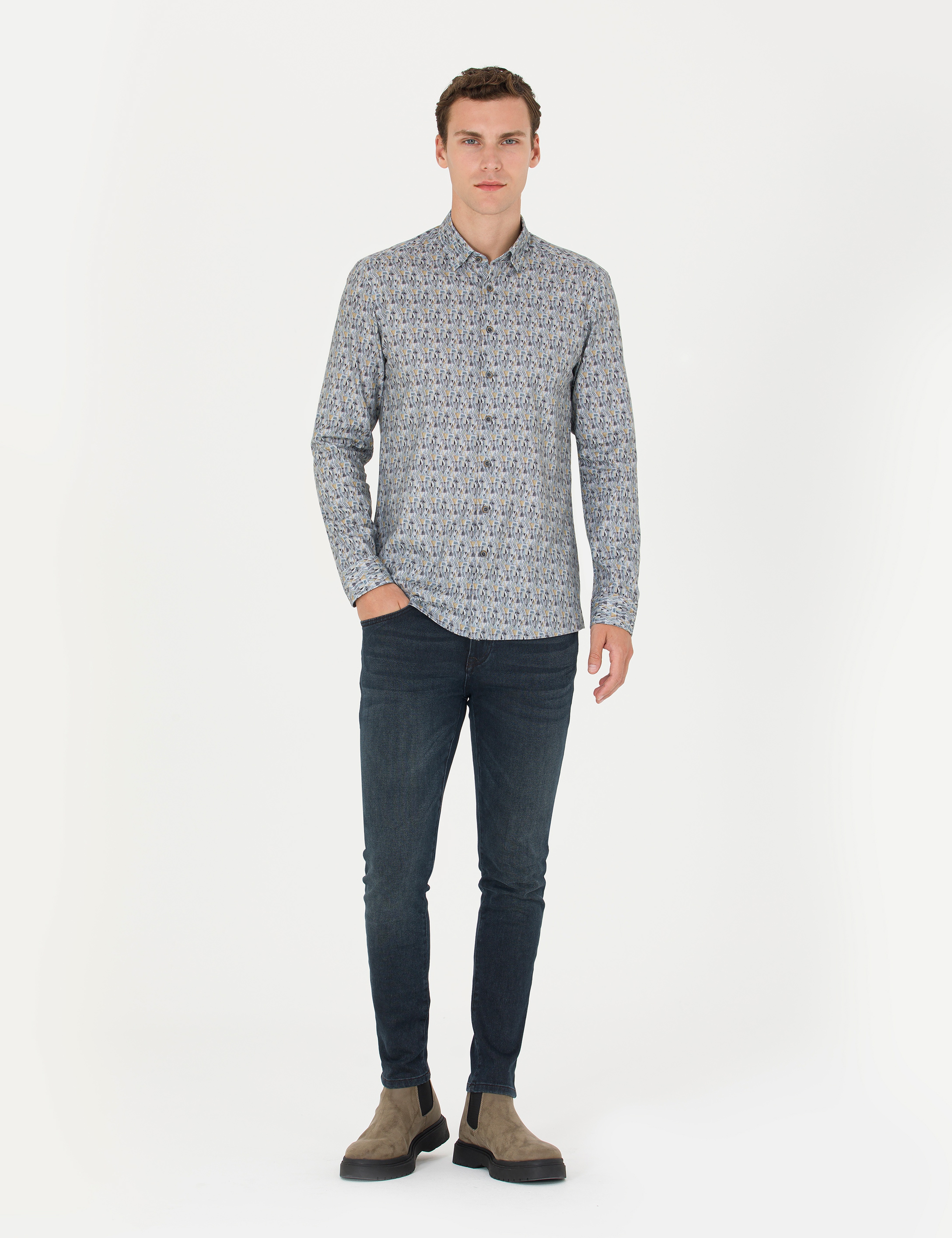 Petrol Slim Fit Uzun Kollu Gömlek