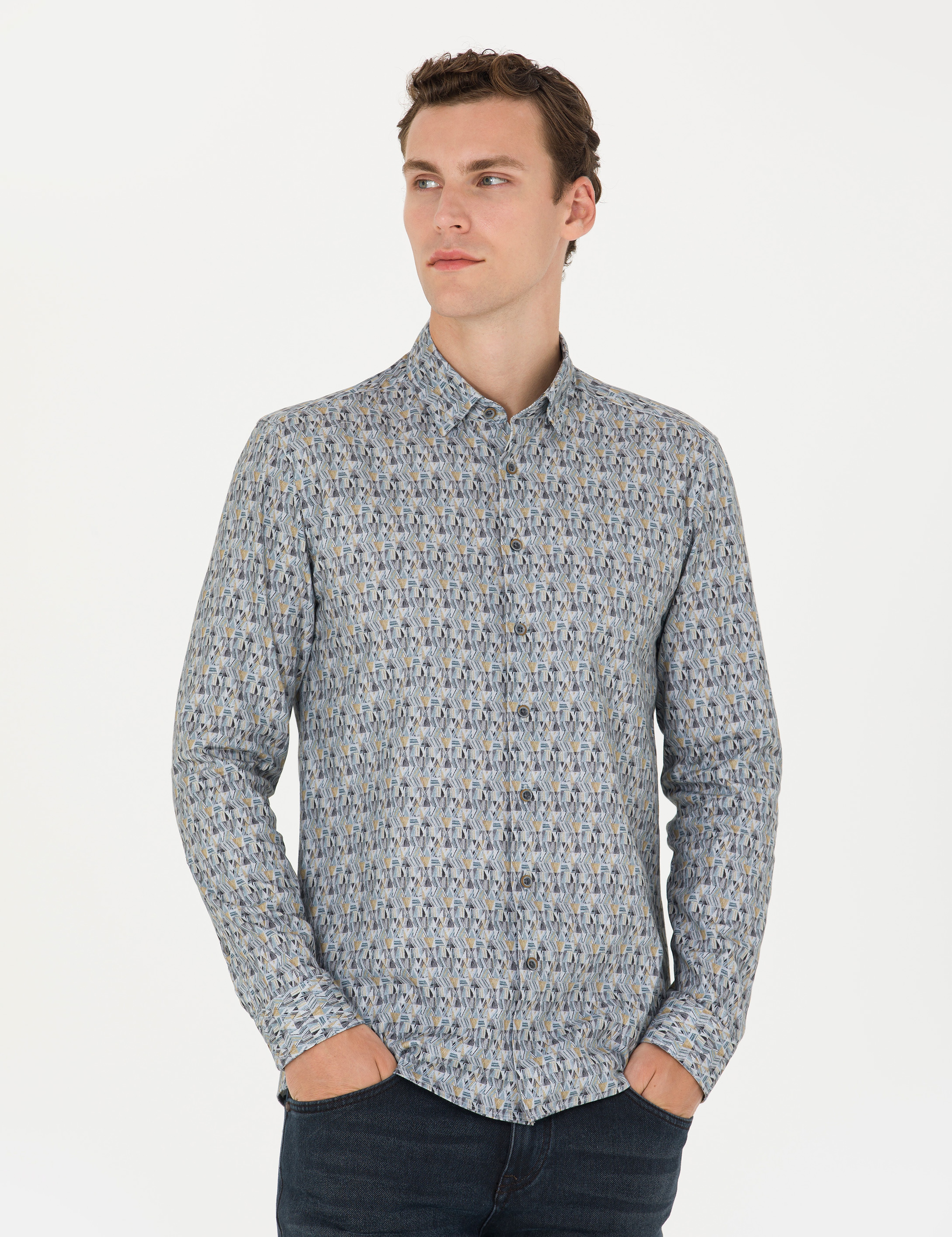 Petrol Slim Fit Uzun Kollu Gömlek - Image 1