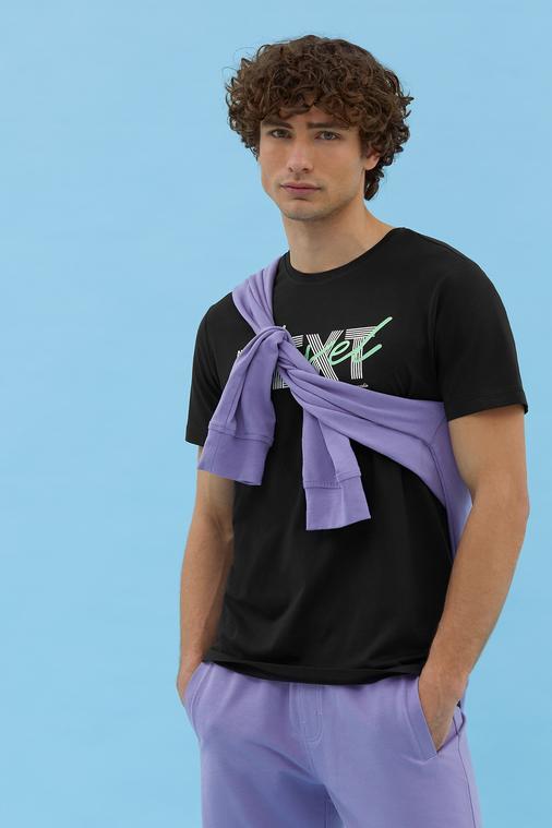 Siyah Slim Fit Baskılı Bisiklet Yaka Tişört